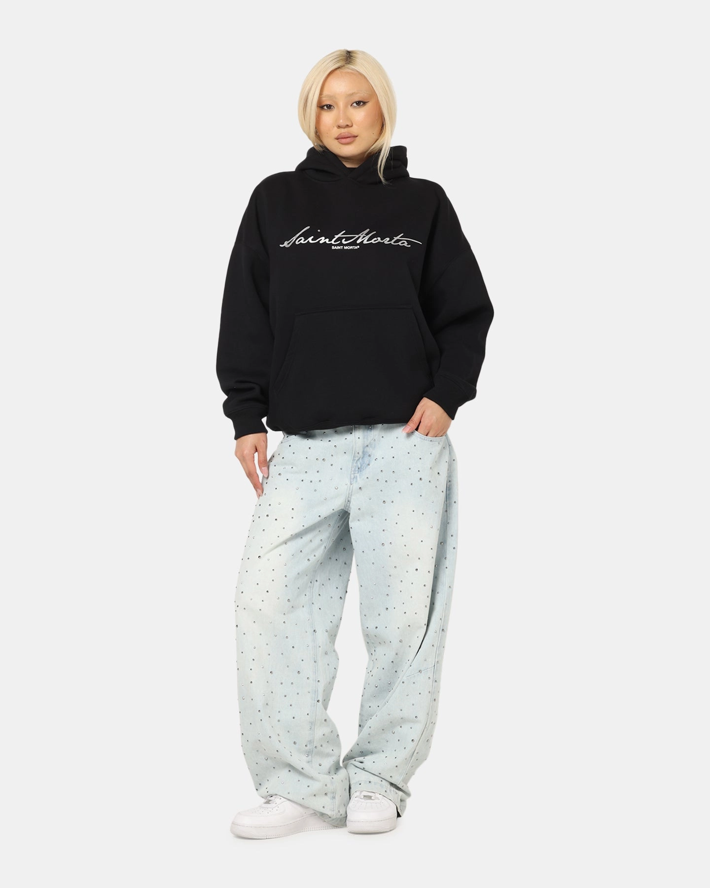 Agree Fashionable Saint Morta Scripture Boxy Hoodie Black