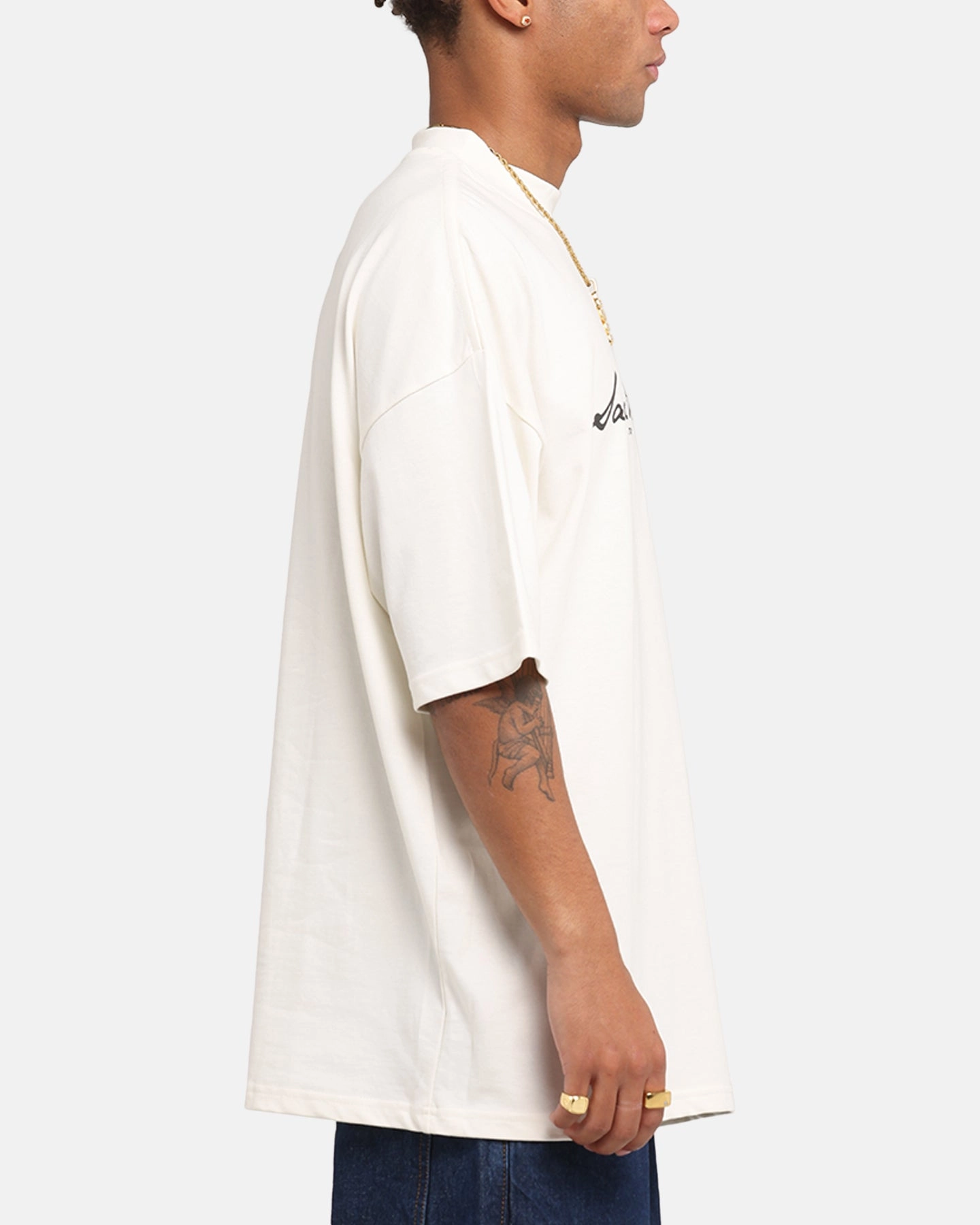 Oversized Silhouette Ribbed Collar Trim Saint Morta Scripture Mock Neck T-Shirt Off White