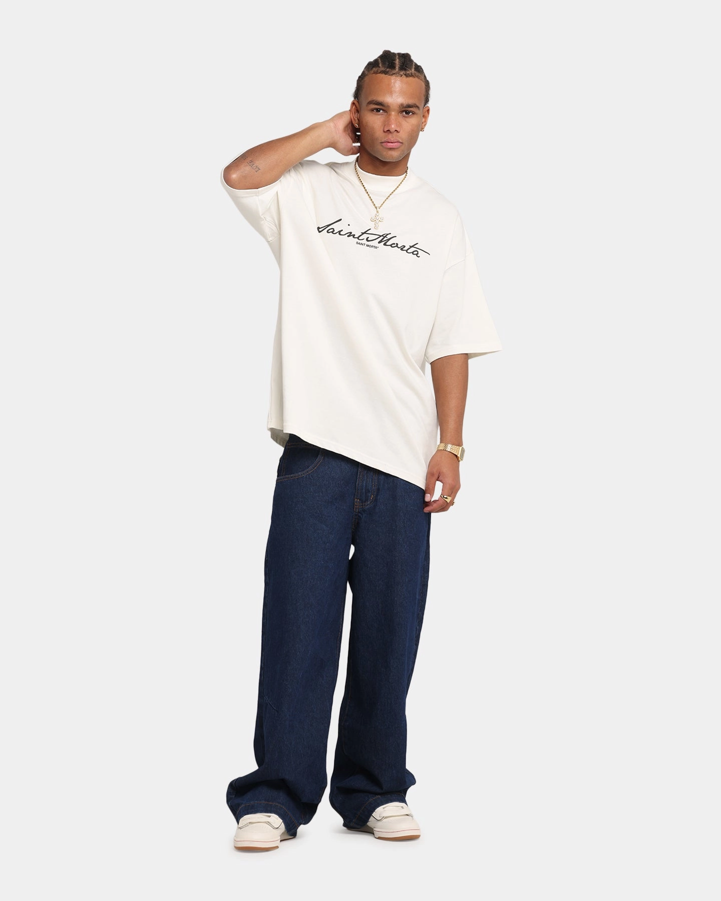 Job Interview Timeless Layering Saint Morta Scripture Mock Neck T-Shirt Off White