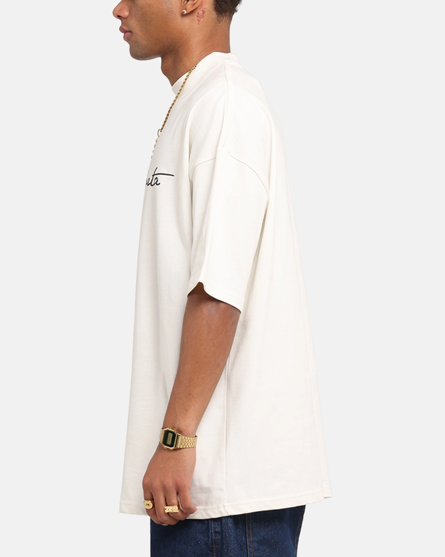 Saint Morta Scripture Mock Neck T-Shirt Off White Versatile Comfort Wear LayeredSleeveConstruction