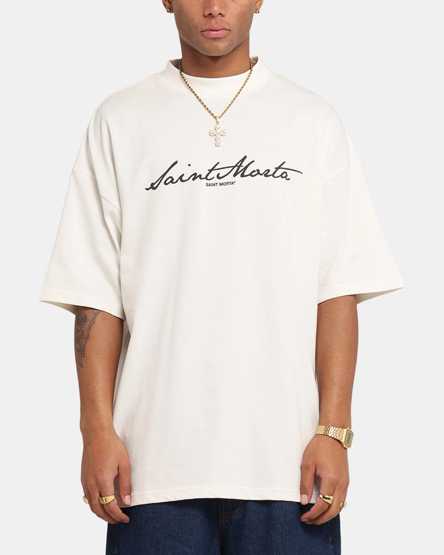 Saint Morta Scripture Mock Neck T-Shirt Off White color blocking