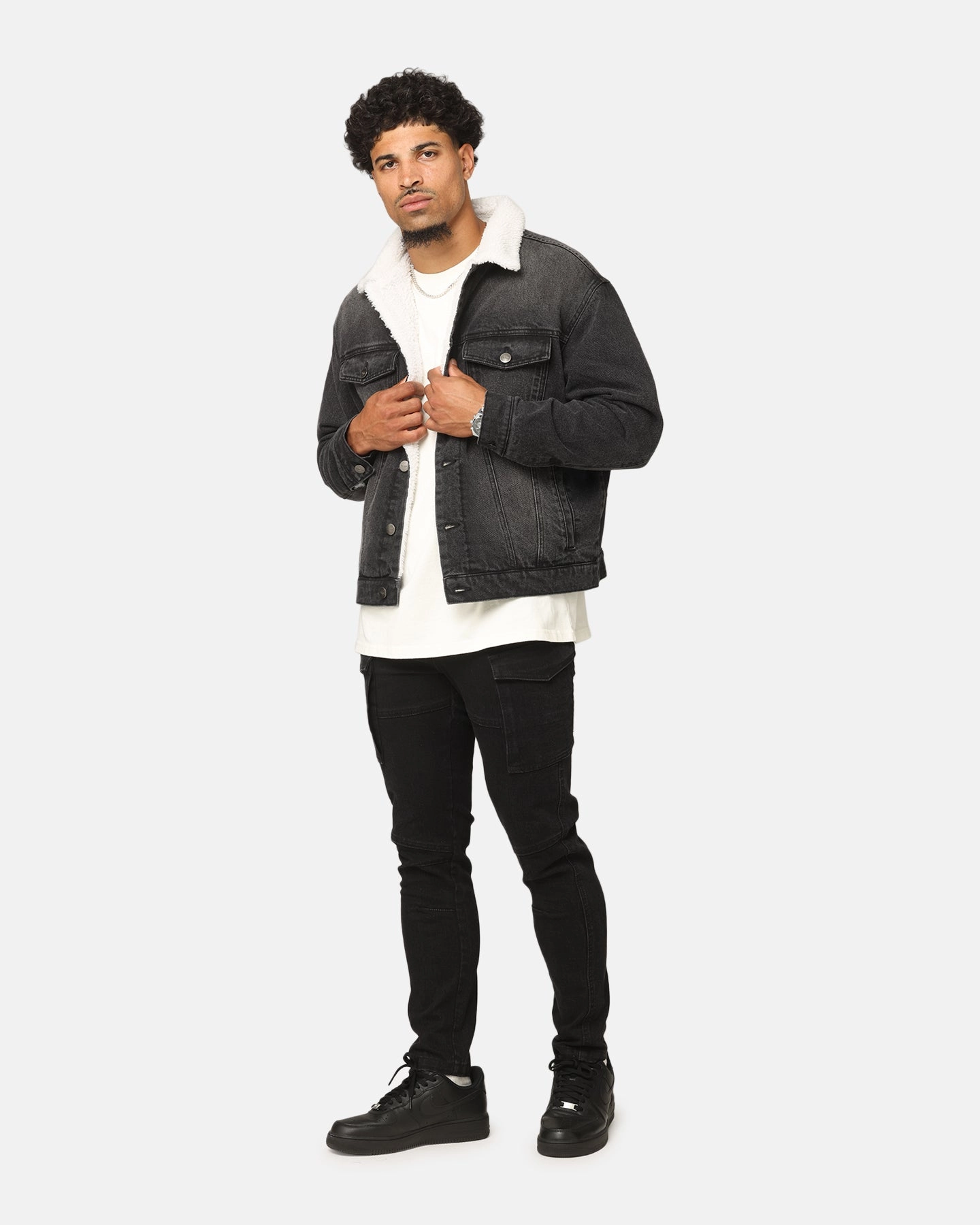 high-end Saint Morta Sherpa Boxy Denim Jacket Black Shadow