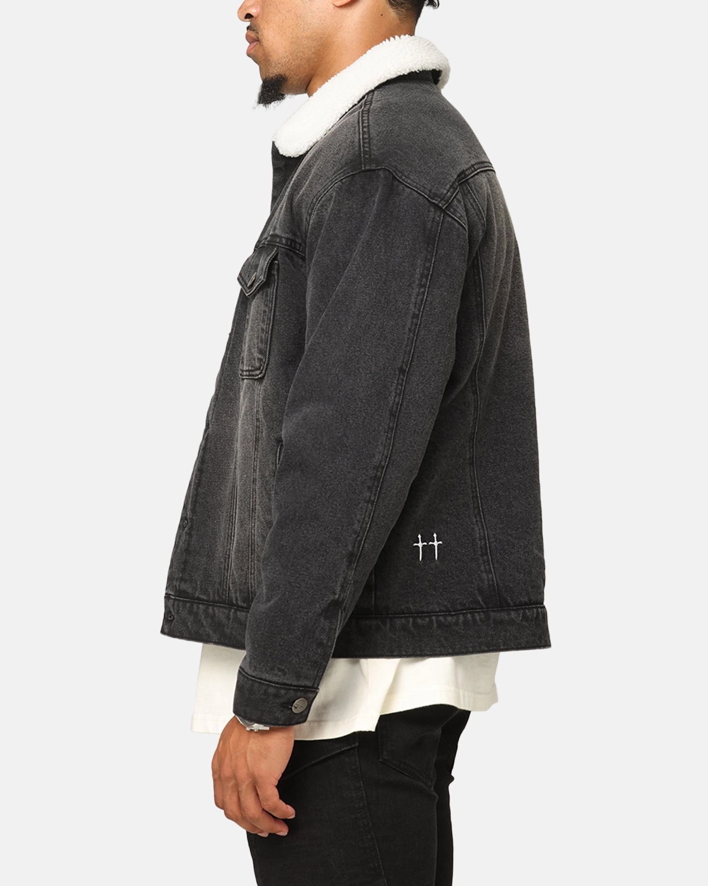 Saint Morta Sherpa Boxy Denim Jacket Black Shadow Travel Essential Convertible Sleeve Options
