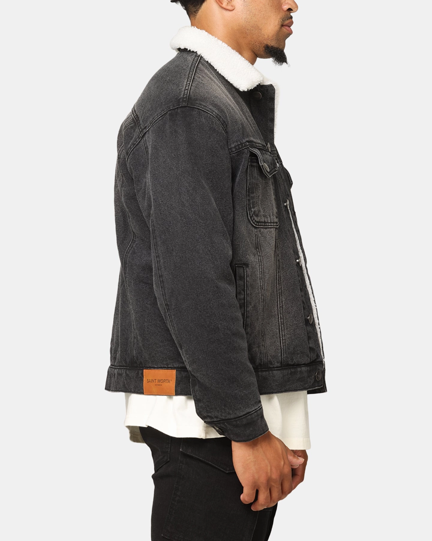 suitable for product launches Wind Resistant Saint Morta Sherpa Boxy Denim Jacket Black Shadow