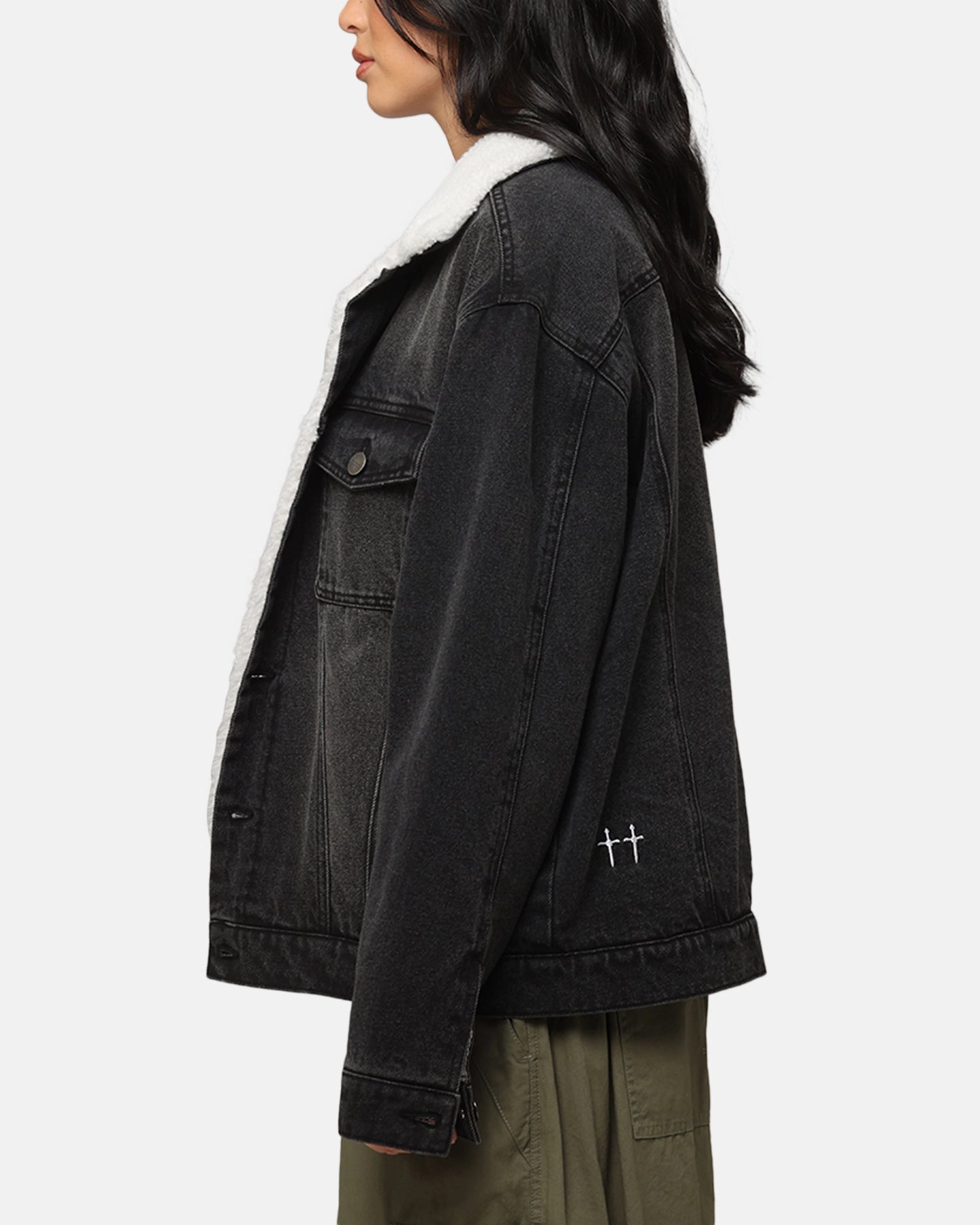 Saint Morta Sherpa Boxy Denim Jacket Black Shadow Solid Color Hooded Design