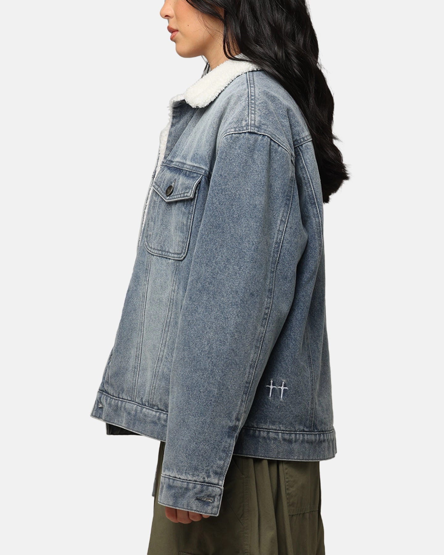 Saint Morta Sherpa Boxy Denim Jacket Dirty Denim Laser Cut Vents Classic Jacket Fit