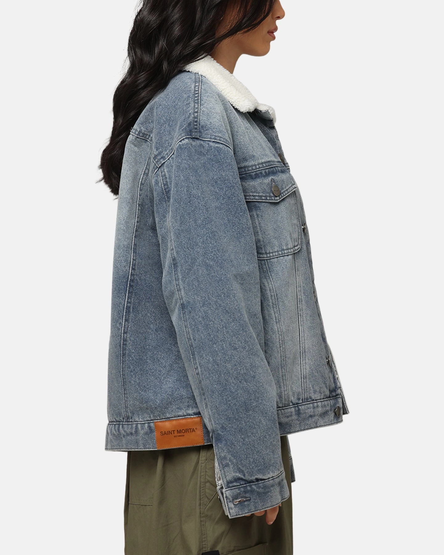 Saint Morta Sherpa Boxy Denim Jacket Dirty Denim V-Neck