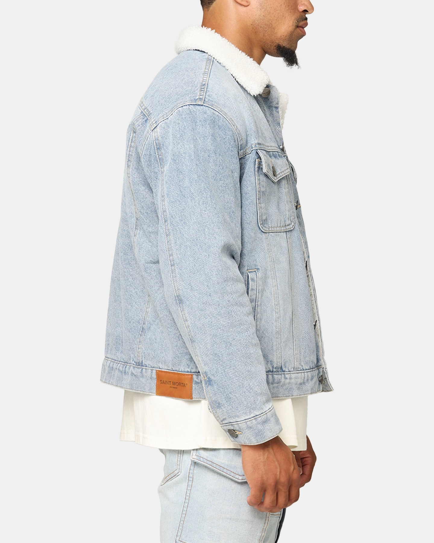 Saint Morta Sherpa Boxy Denim Jacket Superwash Blue Stretch Knit Fabric Sustain