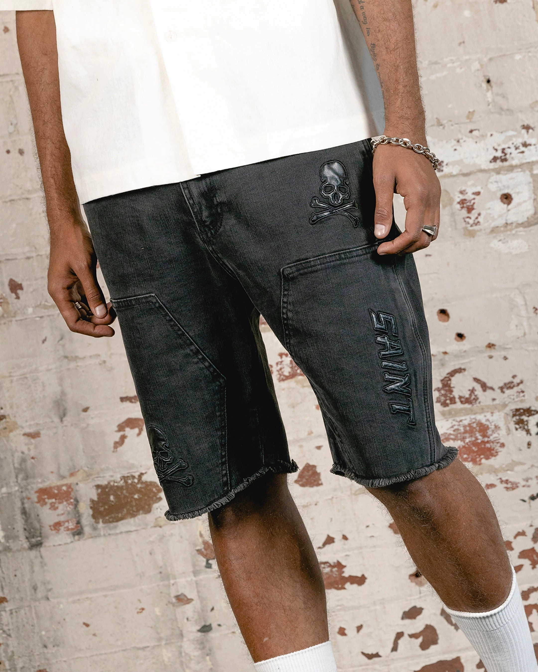 Saint Morta Skull And Bones Denim Shorts Vintage Black tank top Moisture Controlled Lining