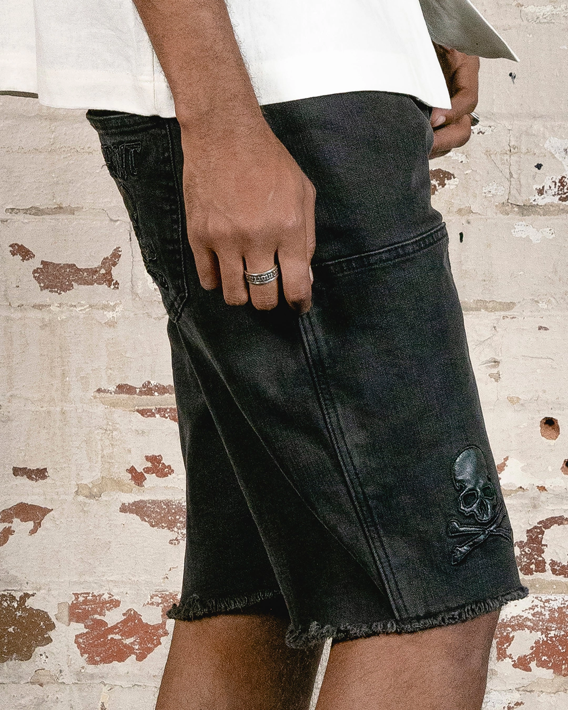 Saint Morta Skull And Bones Denim Shorts Vintage Black High Durability Blend Cool Comfort