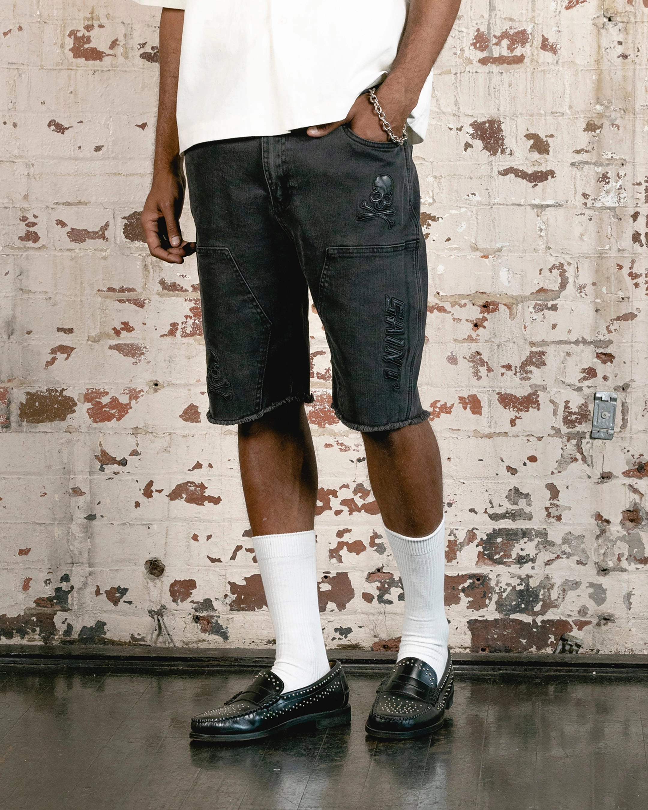 Saint Morta Skull And Bones Denim Shorts Vintage Black Summer Wear