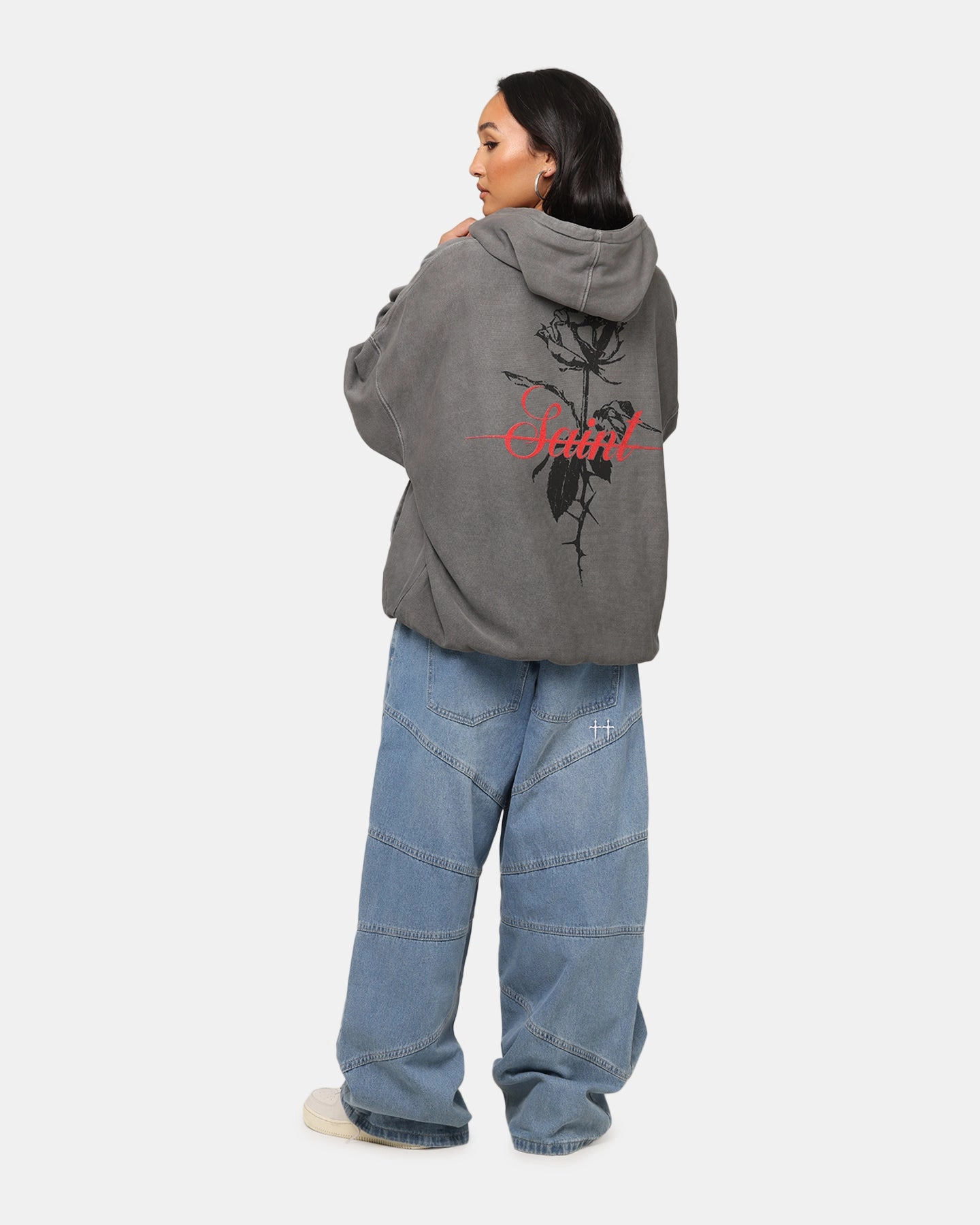 Adjustable Waist Tabs Saint Morta St Valentines Boxy Hoodie Washed Charcoal