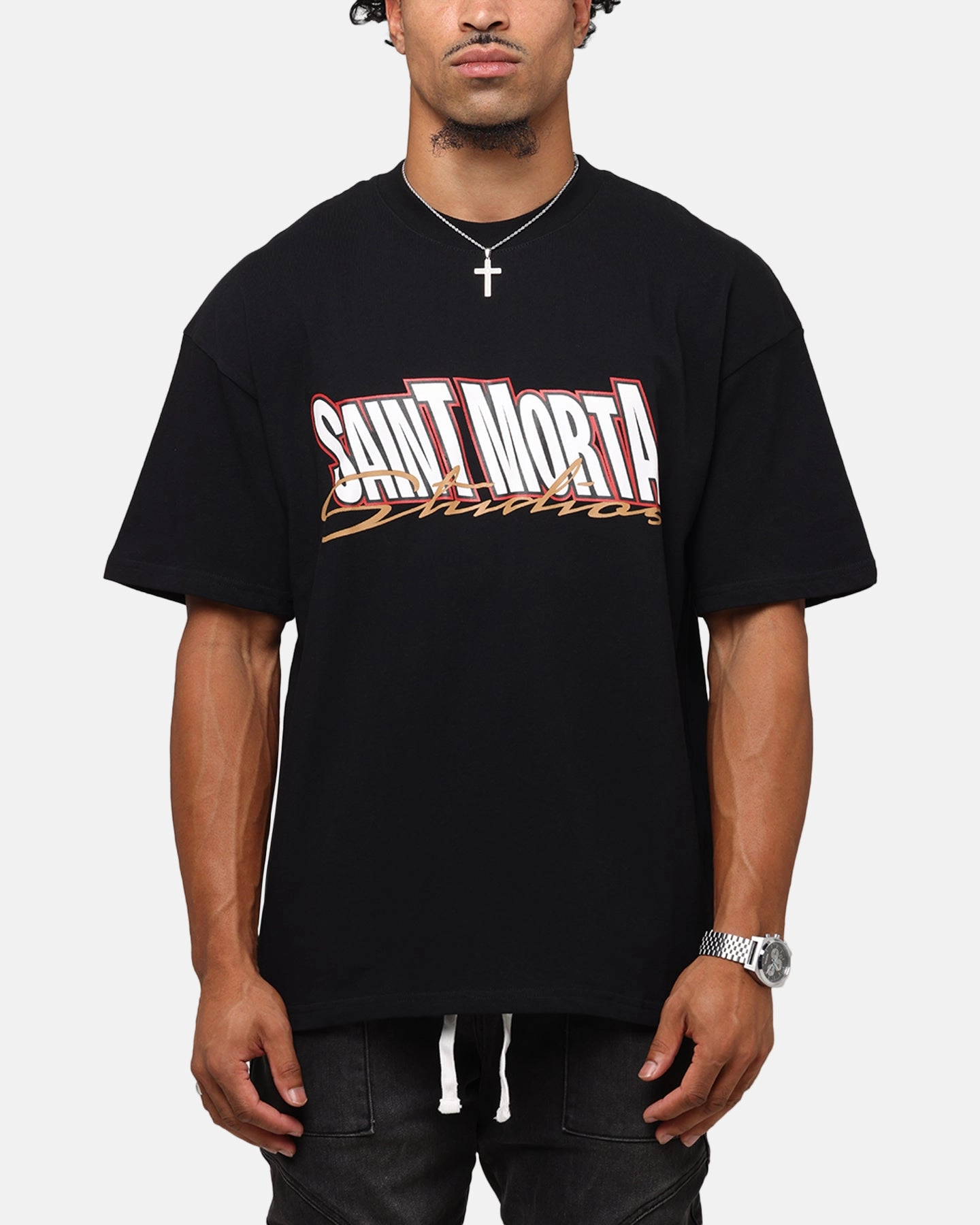 Saint Morta Studios Drop Shoulder T-Shirt Black DoubleLayeredCollar