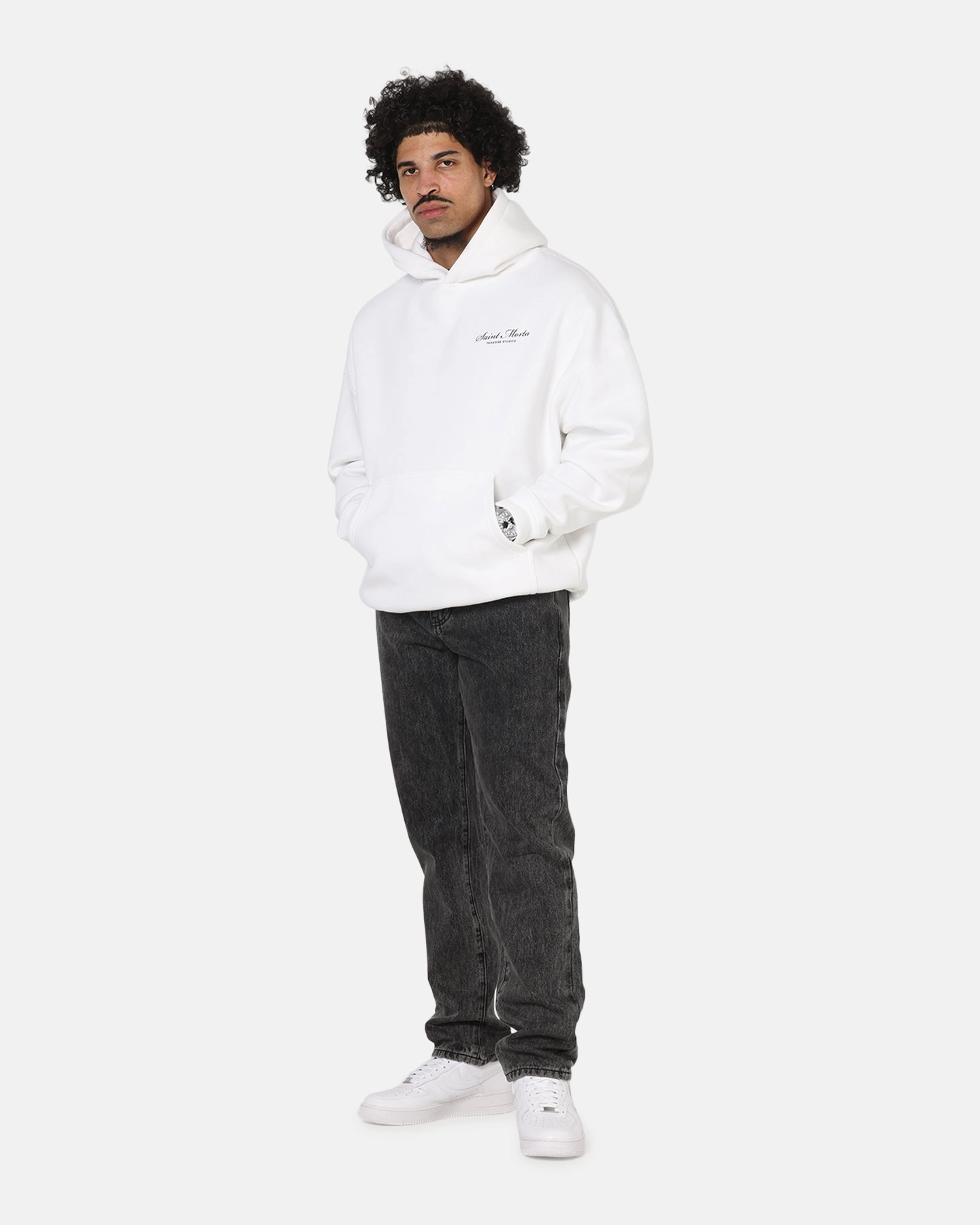 long range mission Soft touch finish Saint Morta Studios Logo Boxy Hoodie White