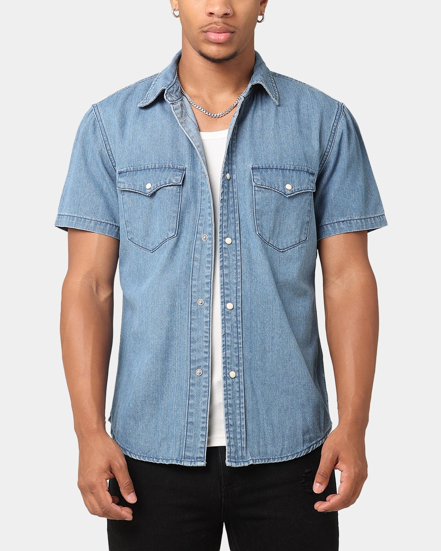 Saint Morta Texan Denim Button Up Shirt Mid Blue Denim Cozy Feel Bold colors