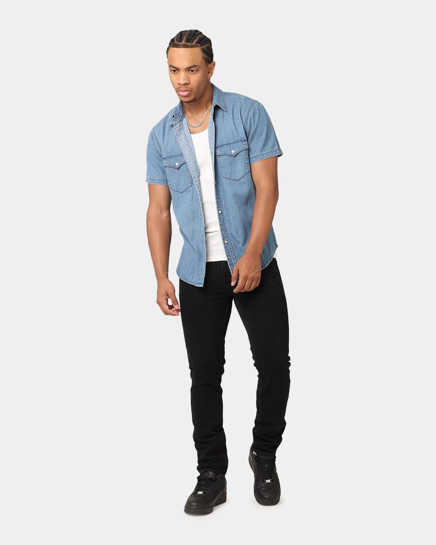 All Purpose Weave Design Saint Morta Texan Denim Button Up Shirt Mid Blue Denim