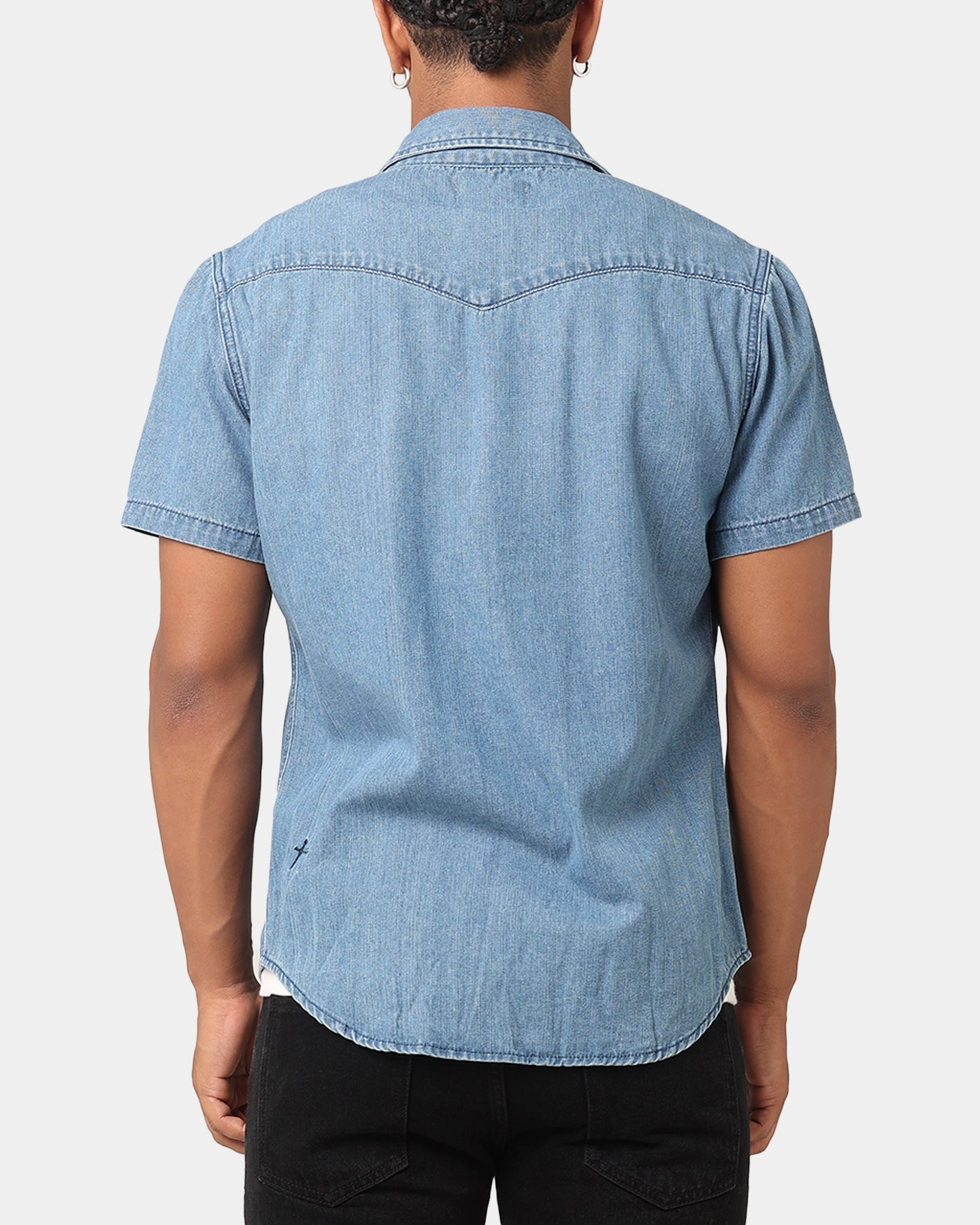 Trendsetter Choice Abstract art Saint Morta Texan Denim Button Up Shirt Mid Blue Denim