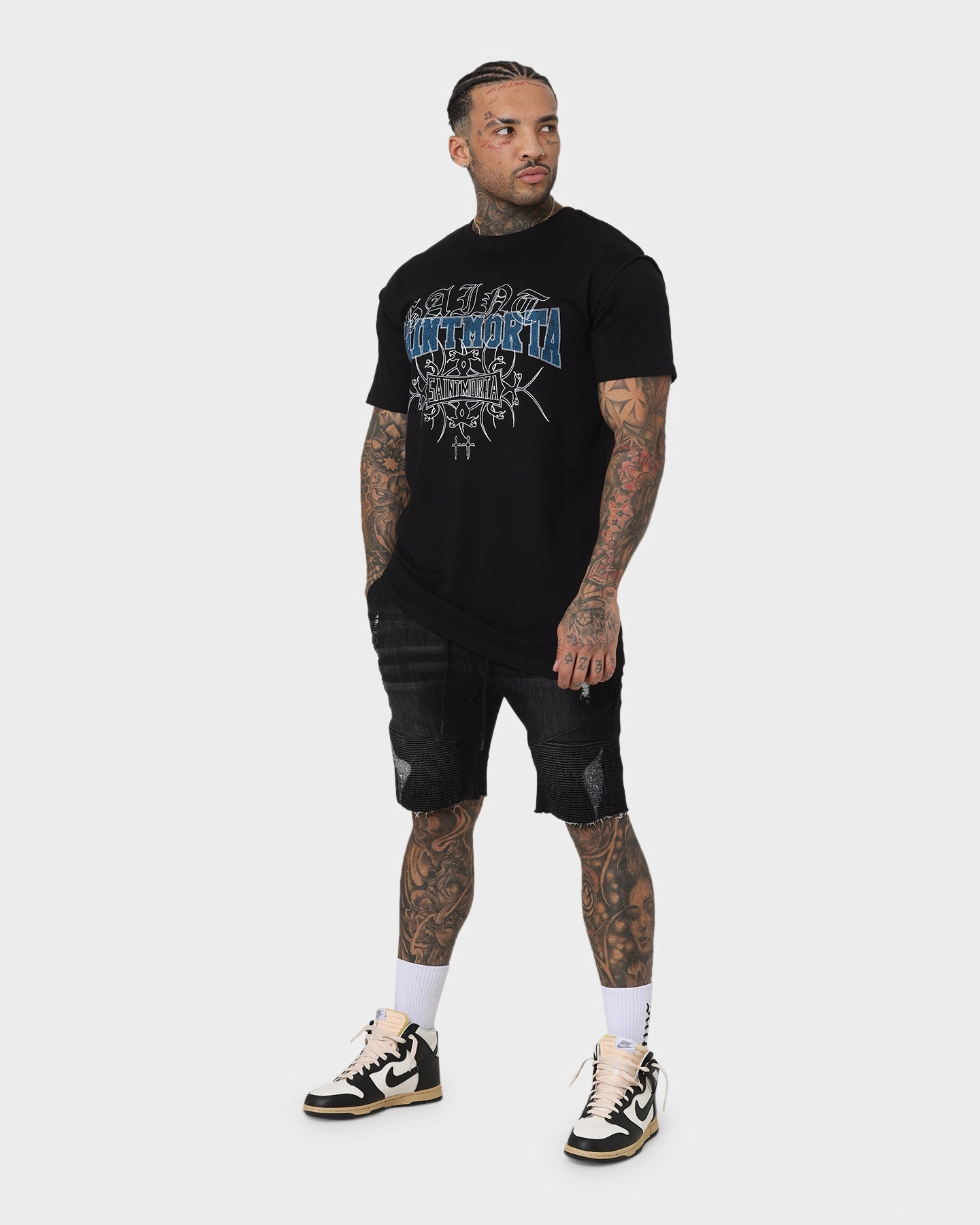 Non Restrictive Waistband Breathable Material Saint Morta United Distressed Biker Shorts Black Stonewash