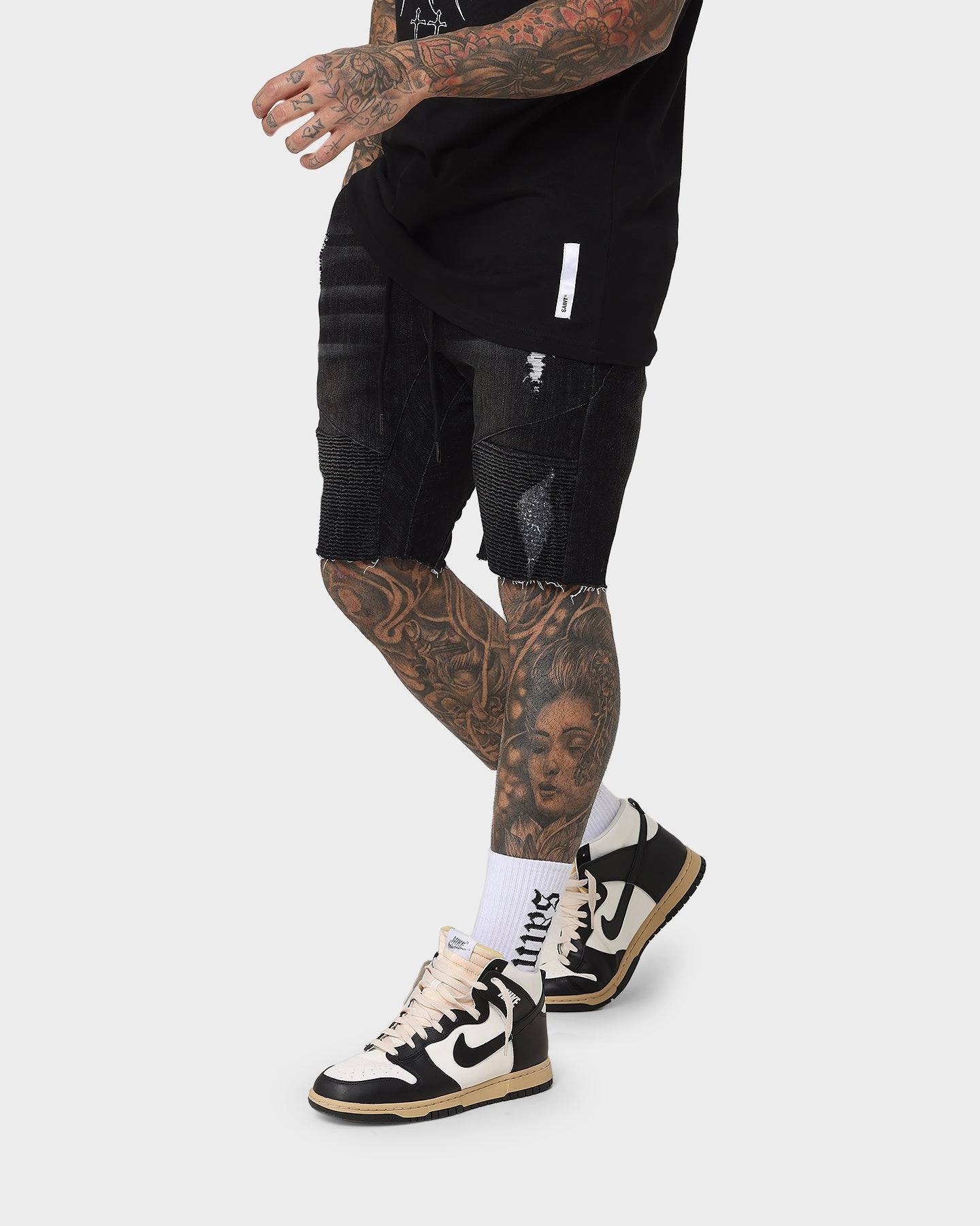Saint Morta United Distressed Biker Shorts Black Stonewash Mood Piece Multi Panel Construction