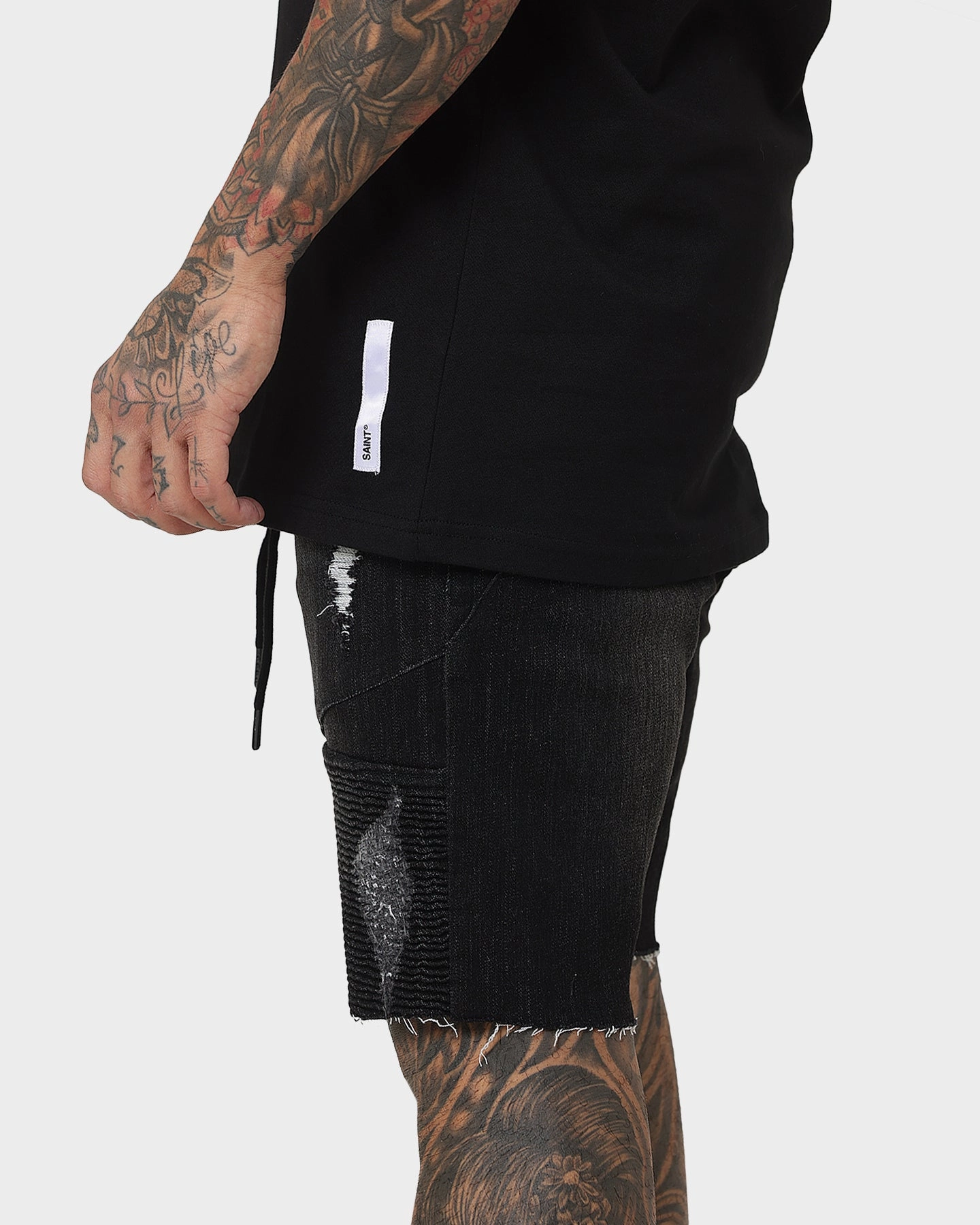 Soft Elastic Saint Morta United Distressed Biker Shorts Black Stonewash