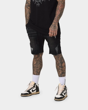 Geometric Pattern tall size Saint Morta United Distressed Biker Shorts Black Stonewash