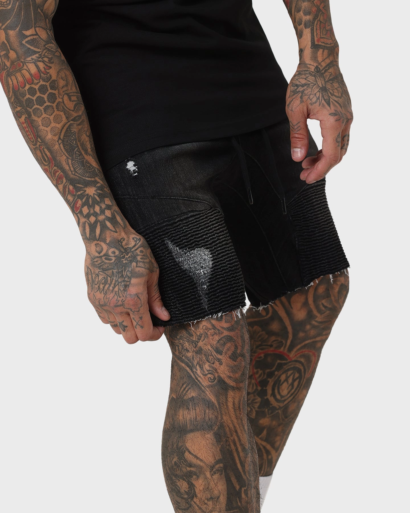 Abrasion Resistant Hem Layered Panel Design Saint Morta United Distressed Biker Shorts Black Stonewash