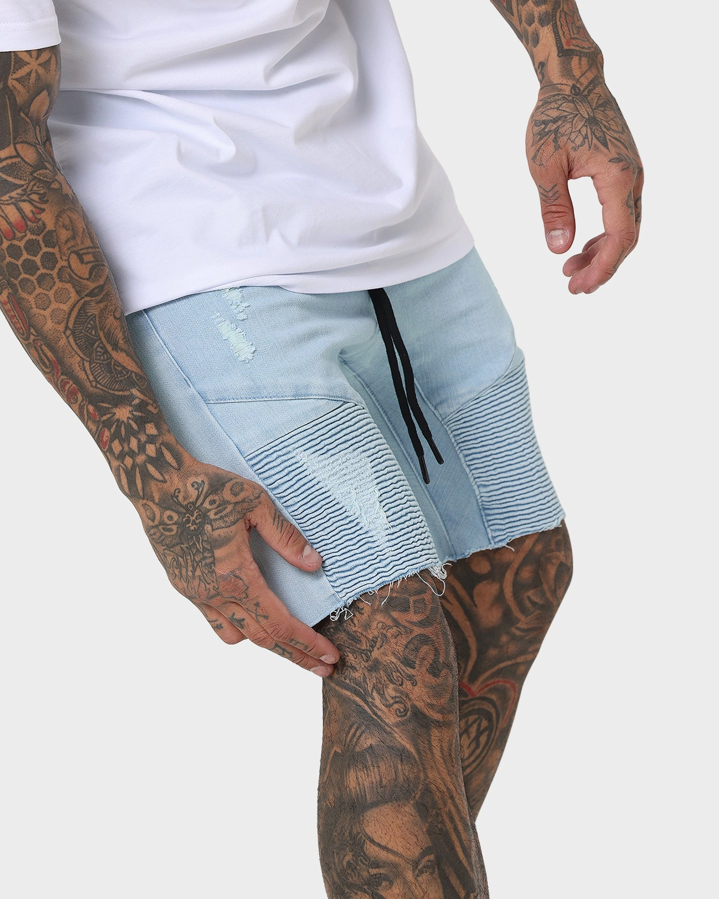 Warm Day Saint Morta United Distressed Biker Shorts Light Blue