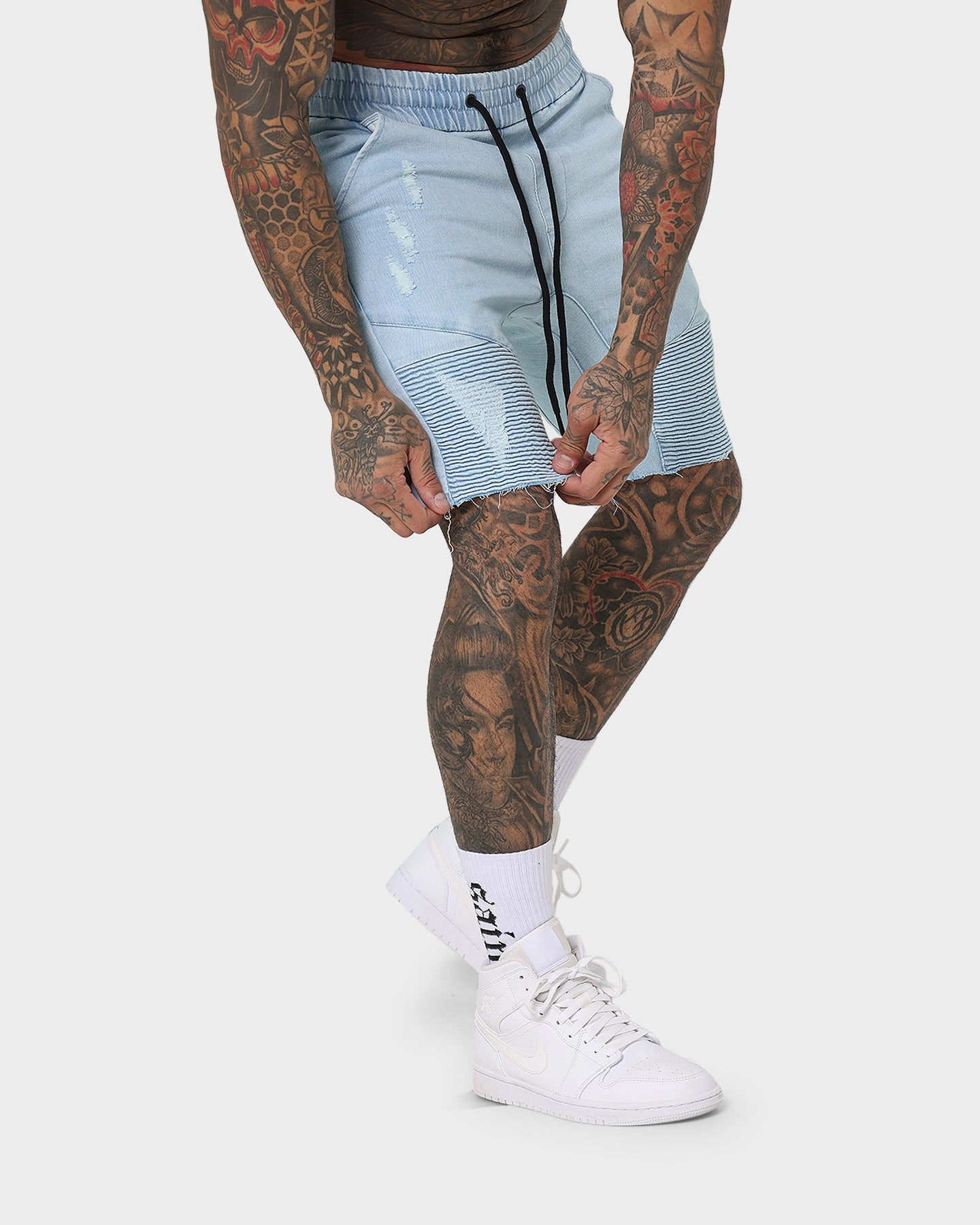Striped Pattern Saint Morta United Distressed Biker Shorts Light Blue