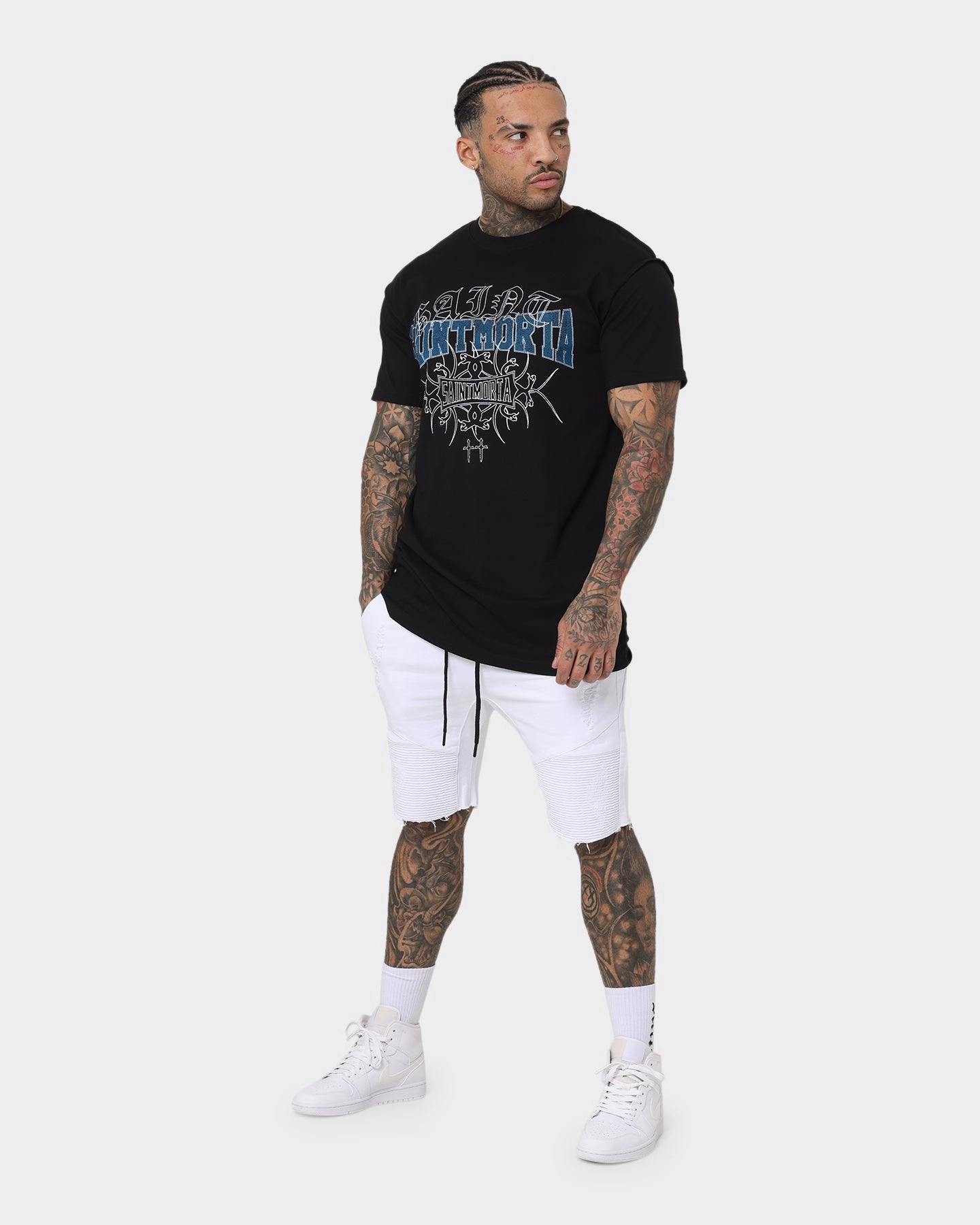 Saint Morta United Distressed Biker Shorts White warm weather