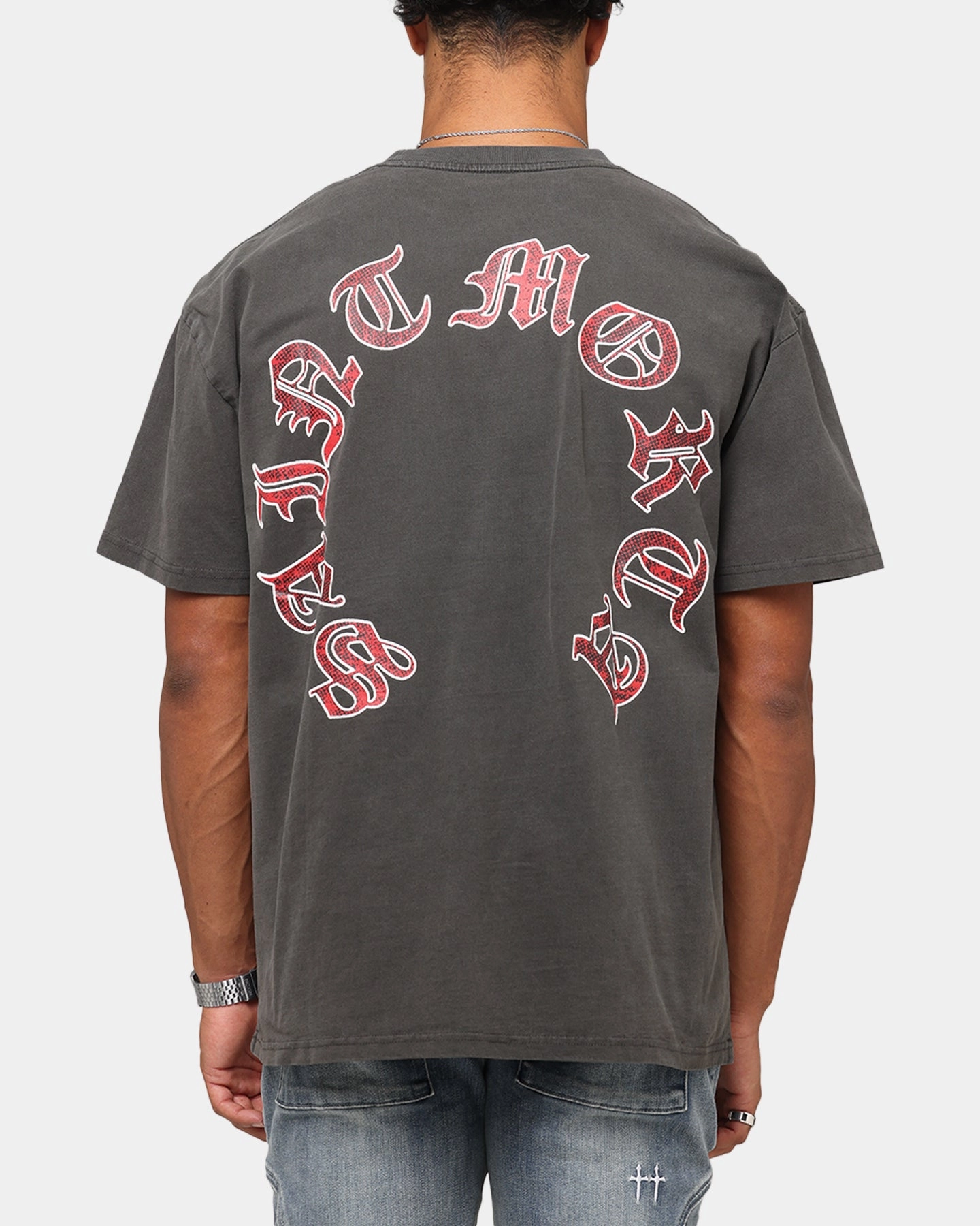 Wide Neck Opening Garment Washed Texture Saint Morta Worldwide Boxy T-Shirt Black Wash