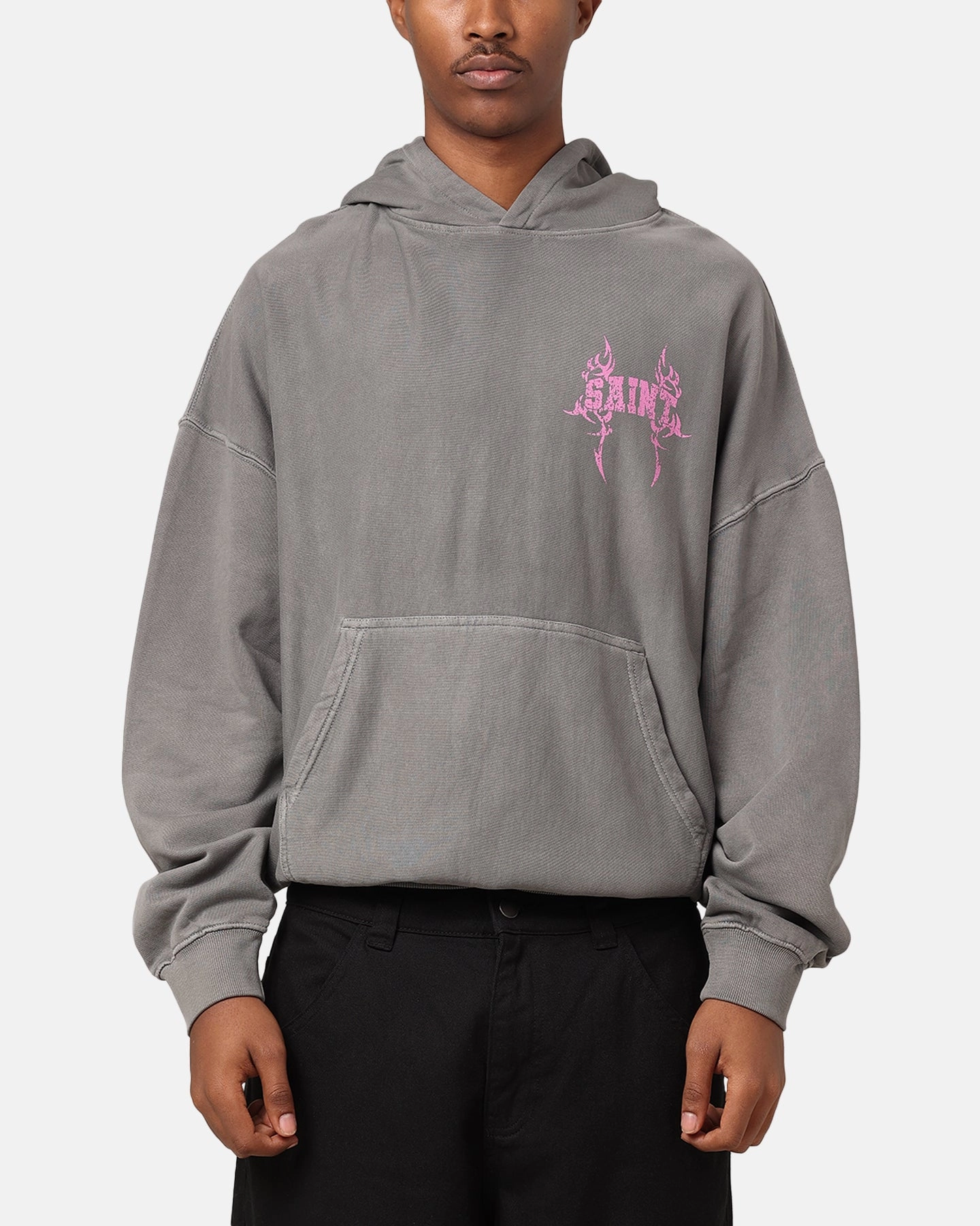 Saint Morta Wraith Crucifix Hoodie Washed Charcoal High Collar Style