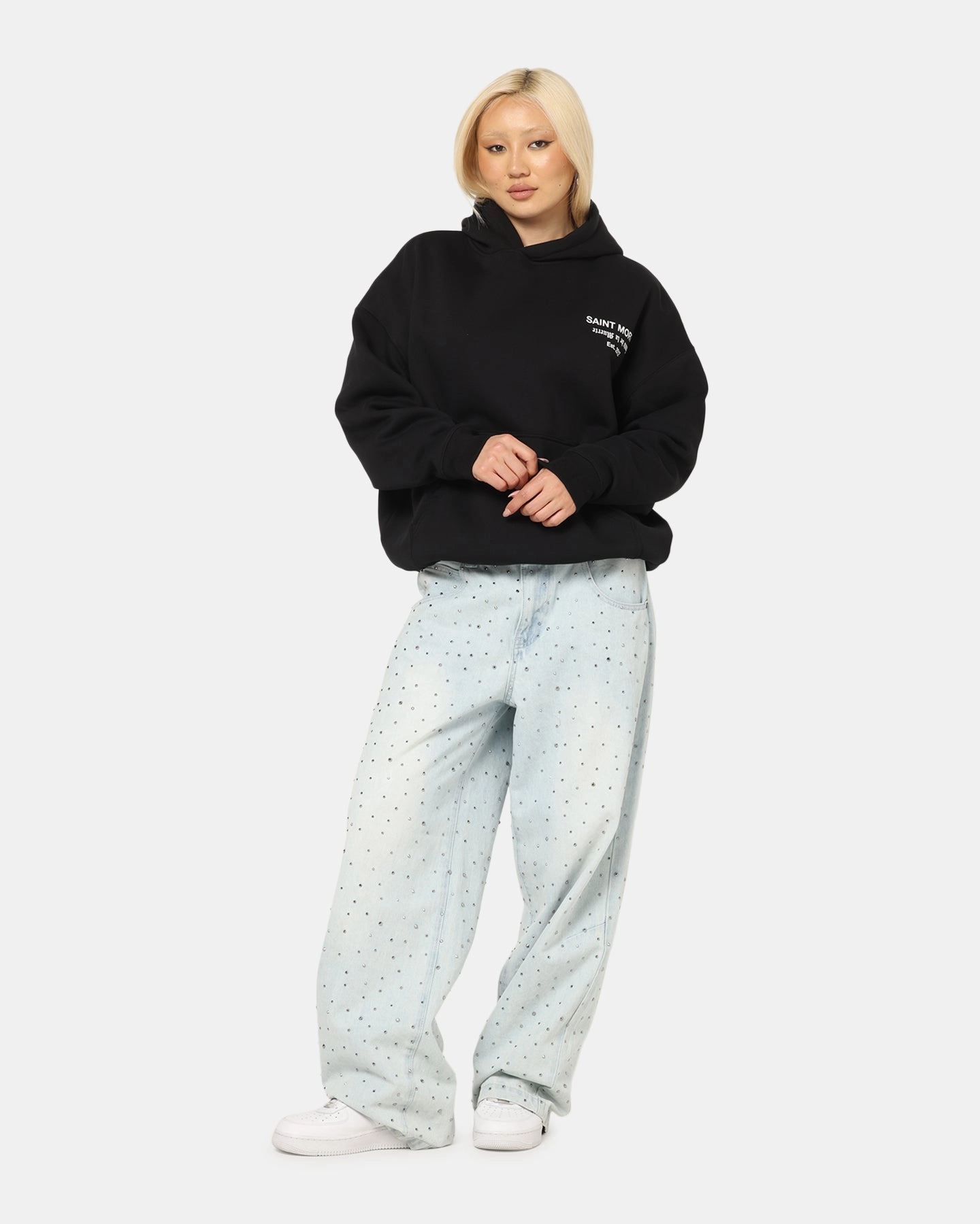 Saint Morta Muerte Boxy Hoodie Black sunny - day look Hook and loop fasteners