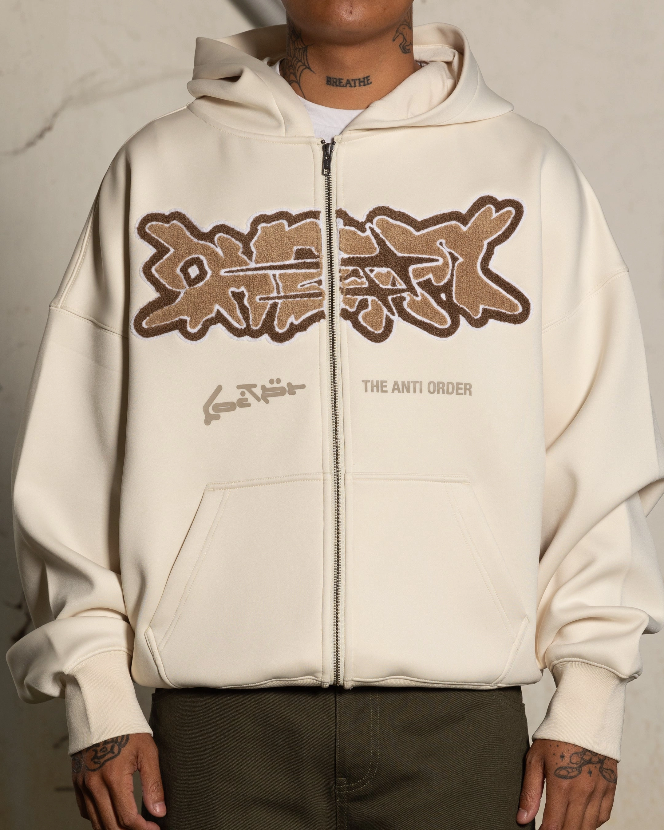 Loiter X The Anti Order Zip Hoodie Stone sunglasses Raglan Sleeve Construction