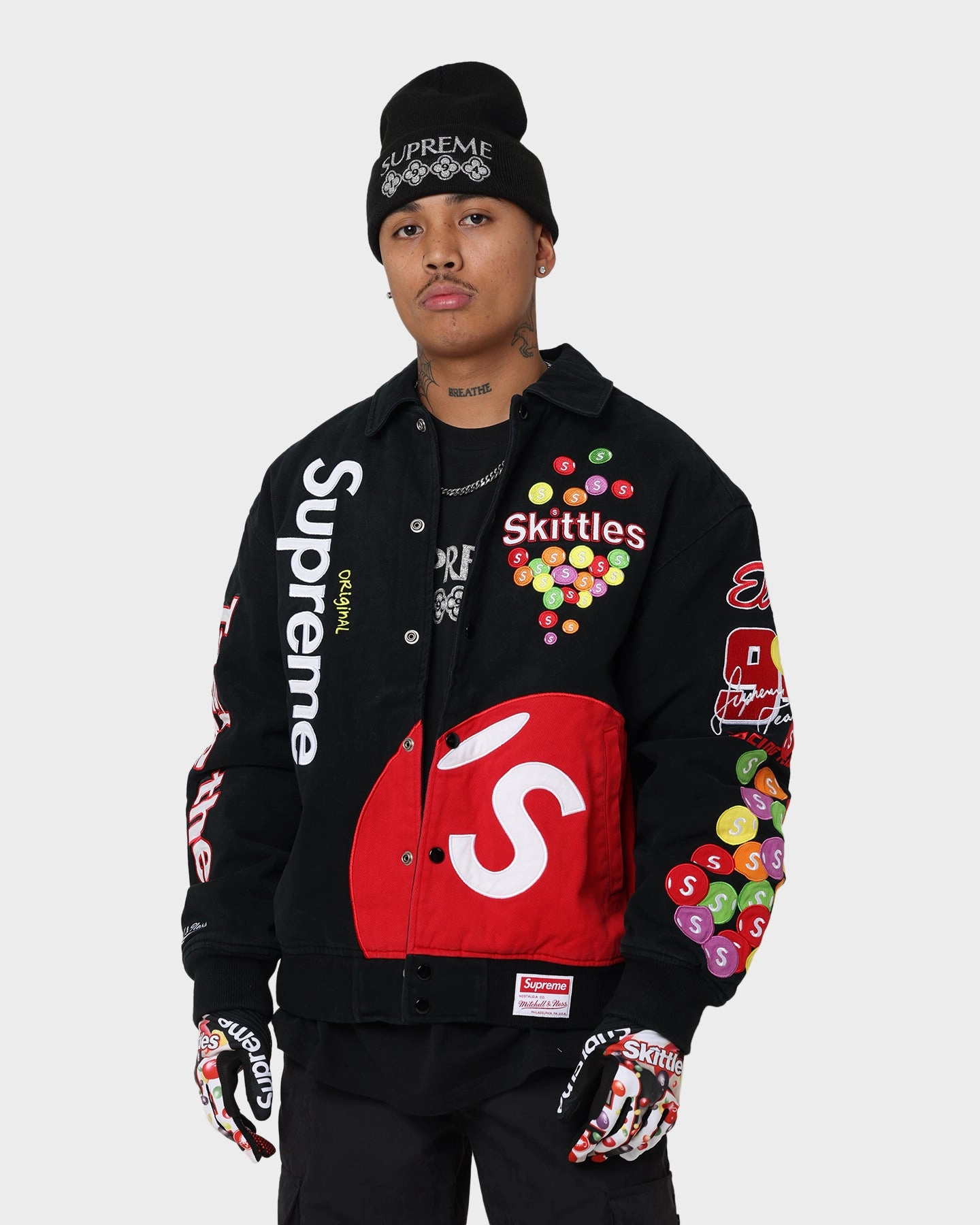 Multi Pocket Style Supreme X Mitchell & Ness X Skittles Varsity Jacket Black