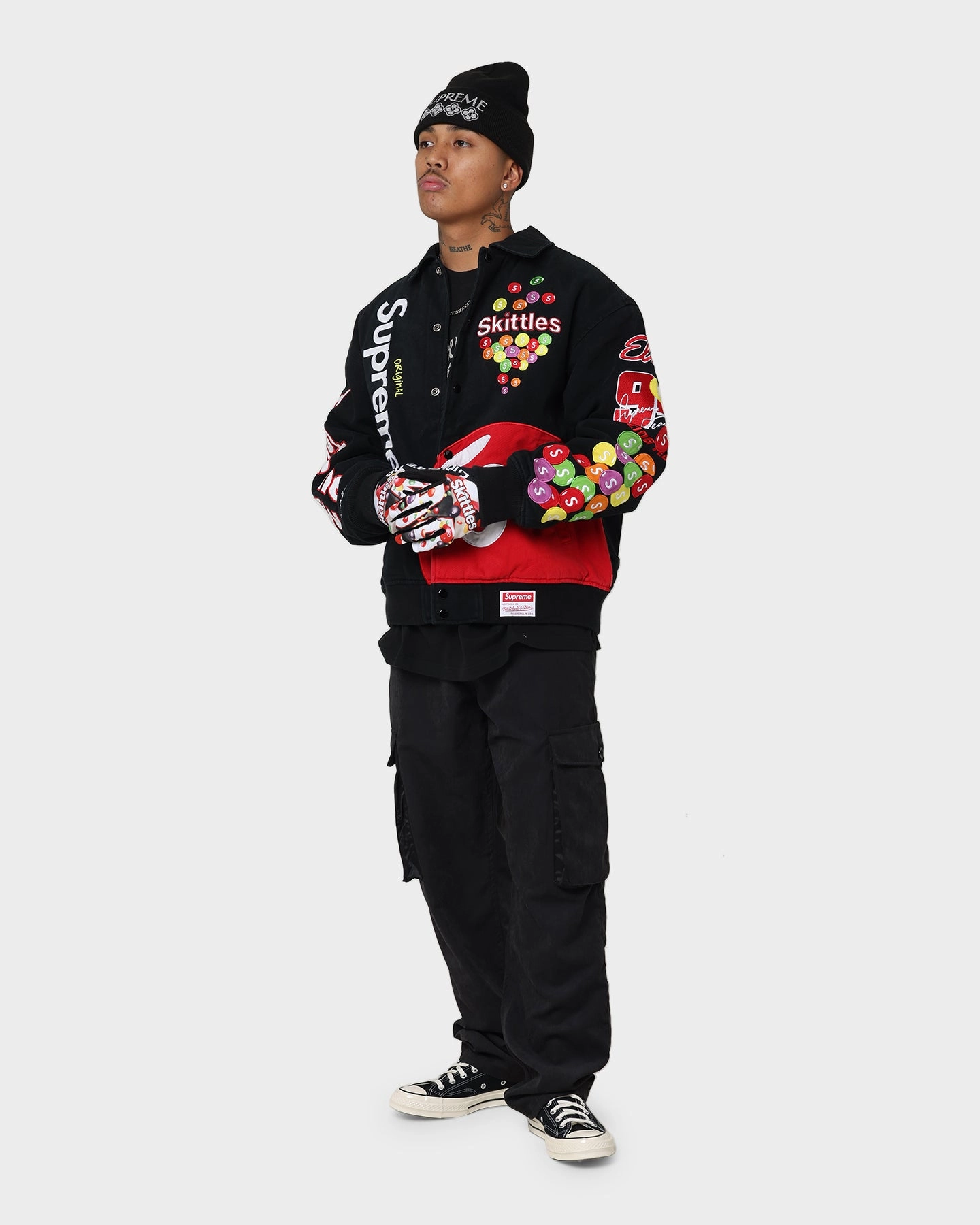Supreme X Mitchell & Ness X Skittles Varsity Jacket Black hat