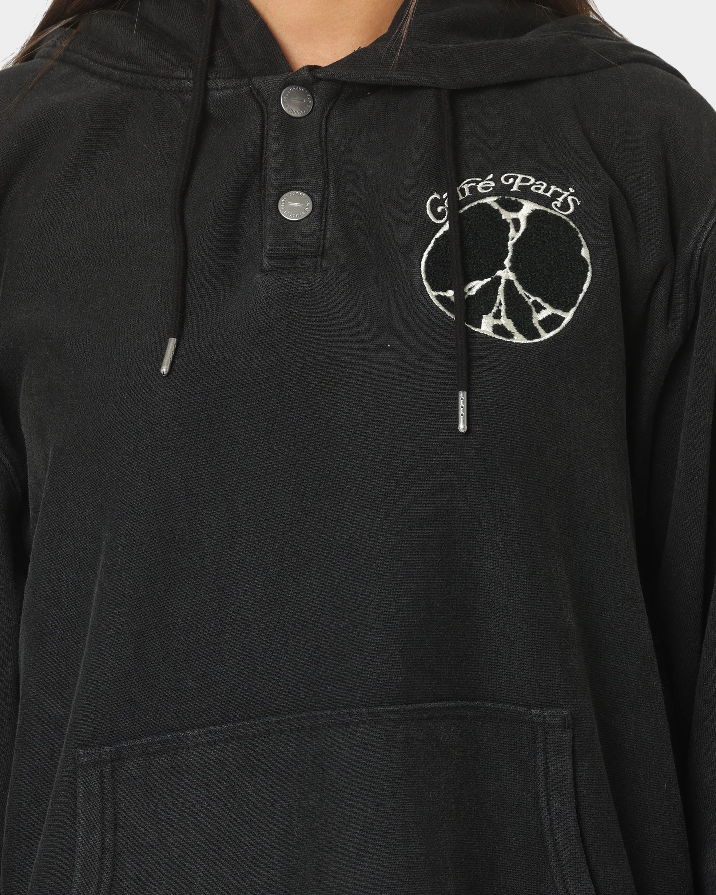 Carre Peace Button Up Hoodie Washed Black Outdoor Layer snap-up