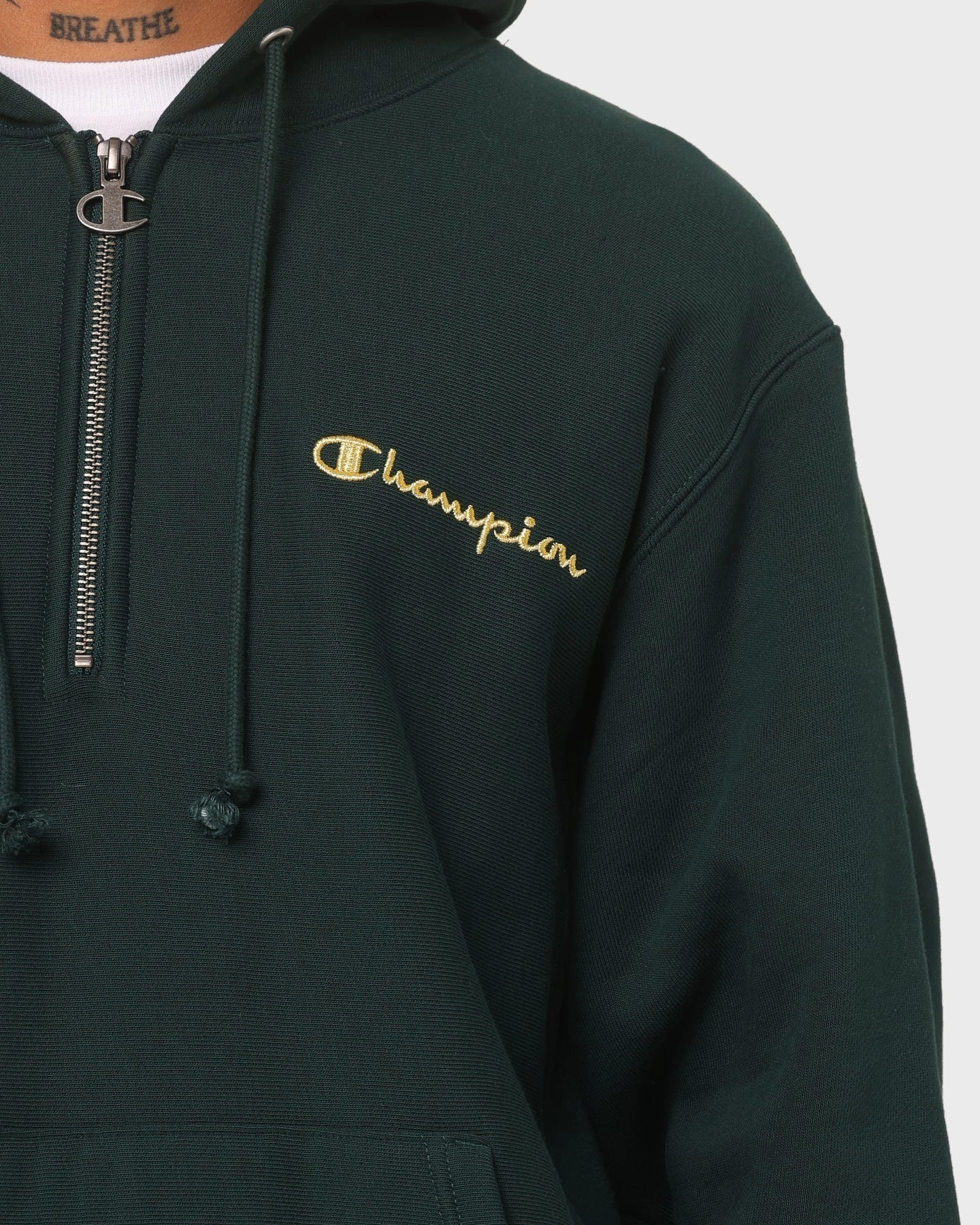 Simple Fit Checked Champion Reverse Weave Quarter Zip Hoodie Midfield Green