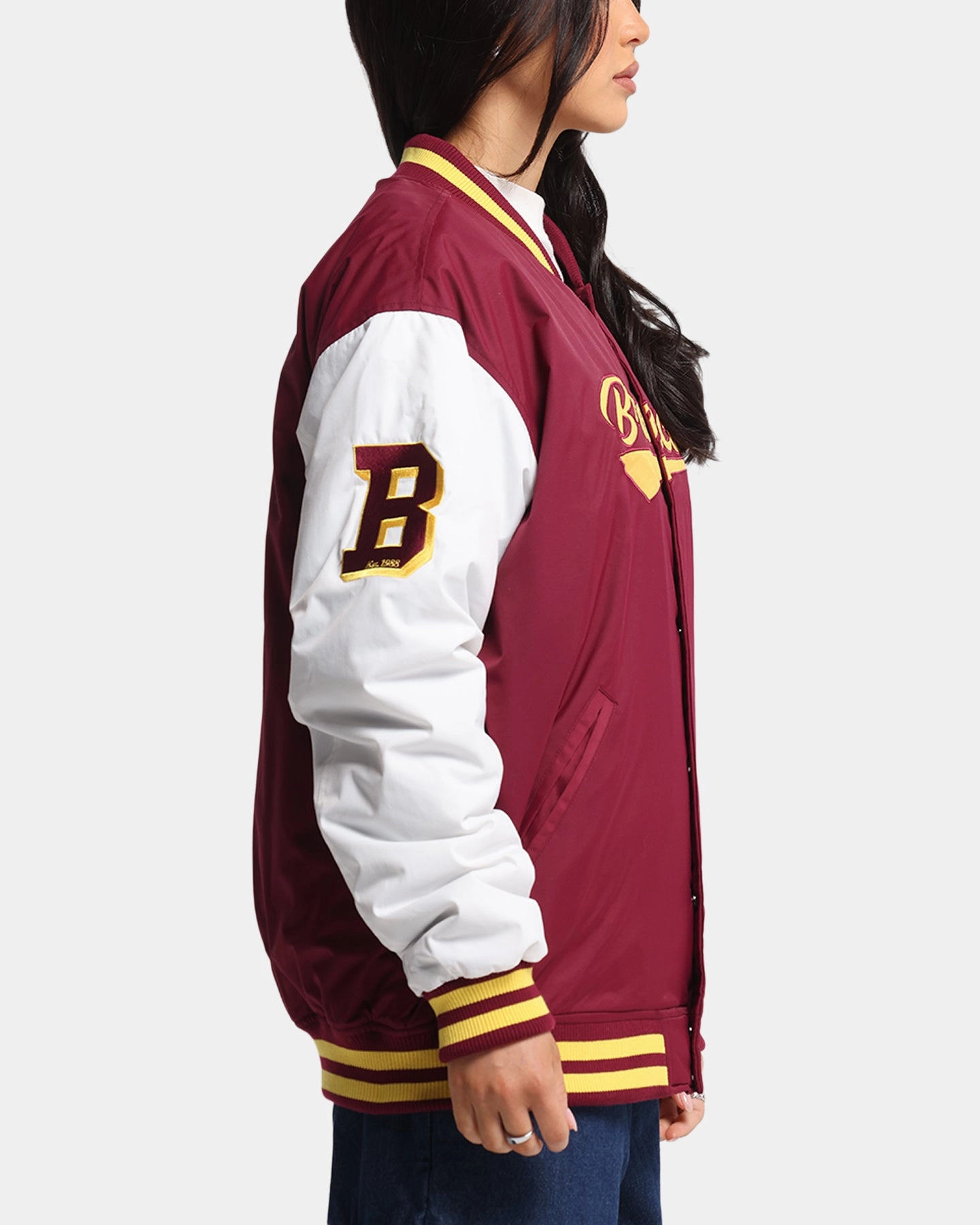 Bleacher Athletic Brisbane Broncos NRL 1908 Baseball Varsity Jacket Official Team Colour Fashion Week