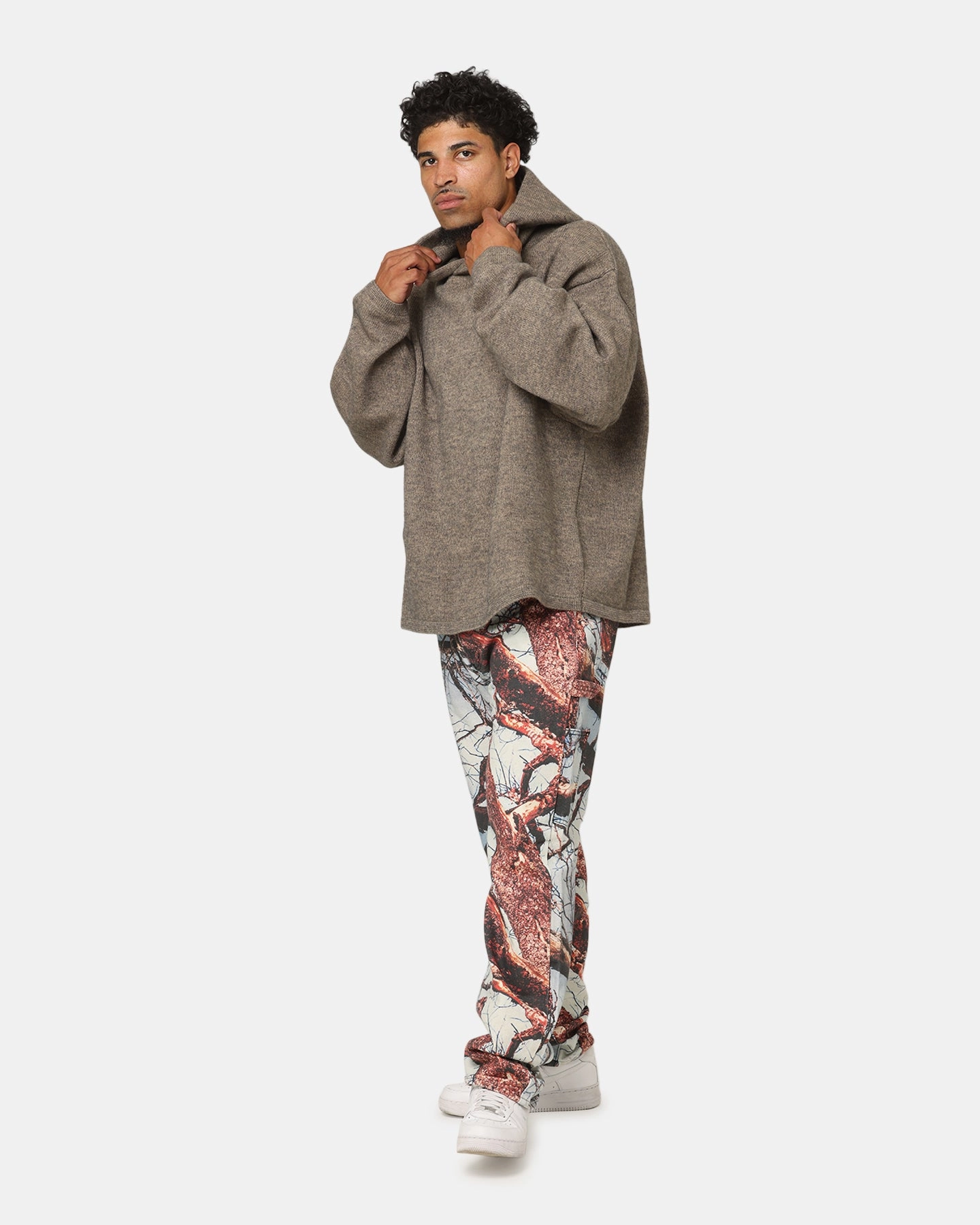 MNML Tonal Grain Knitted Hoodie Brown Tapered Silhouette