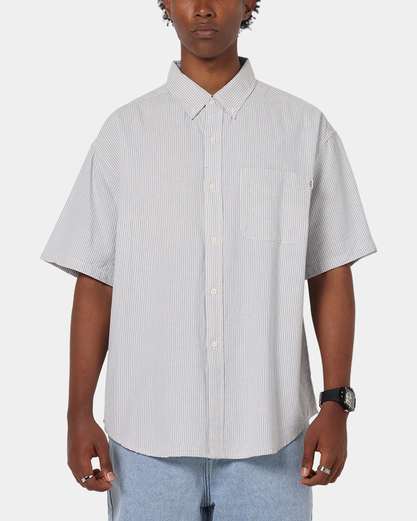 Vintage Style Streetwear S Double Stripe Button UP Shirt Striped