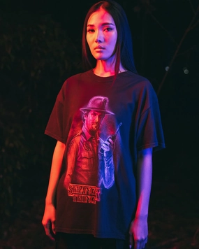 Circular Knit Construction Goat Crew X Stranger Things Chief Hopper Vintage T-Shirt Black Wash