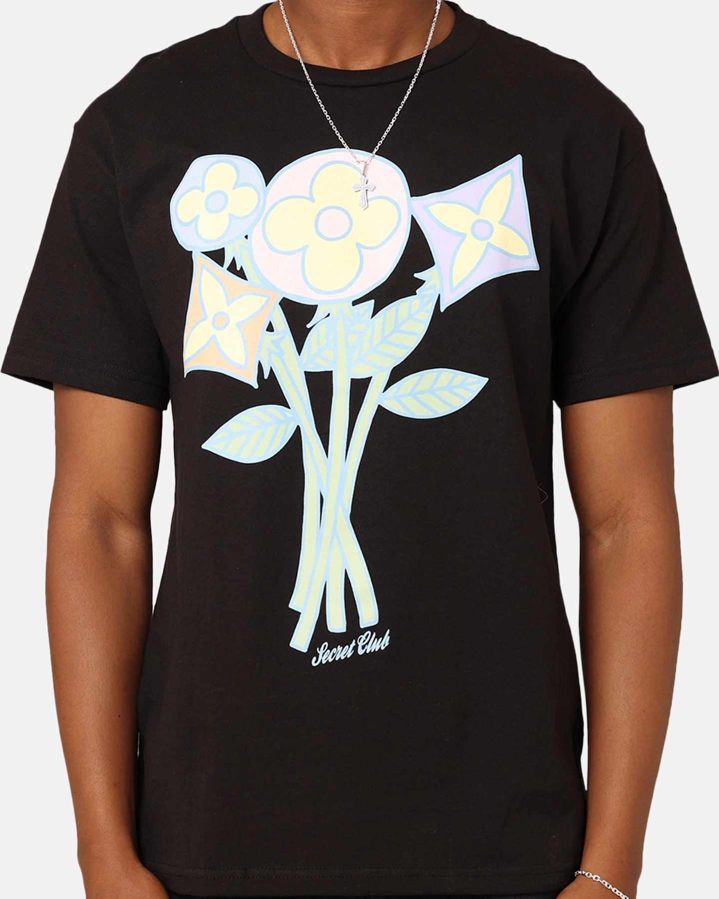 Premium Cotton MultiPly Fabric Secret Club SC Flower T-Shirt Black