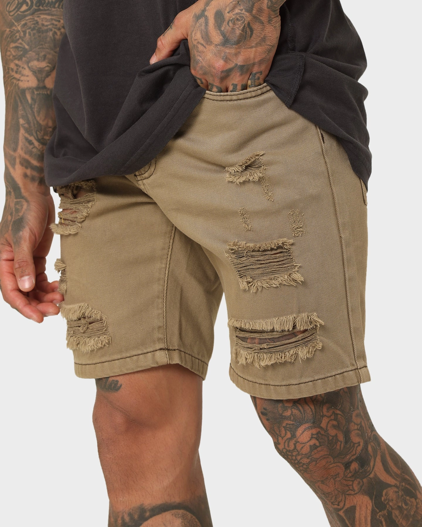 Saint Morta Destroyer Distressed Shorts Brown Wrinkle Free Fabric