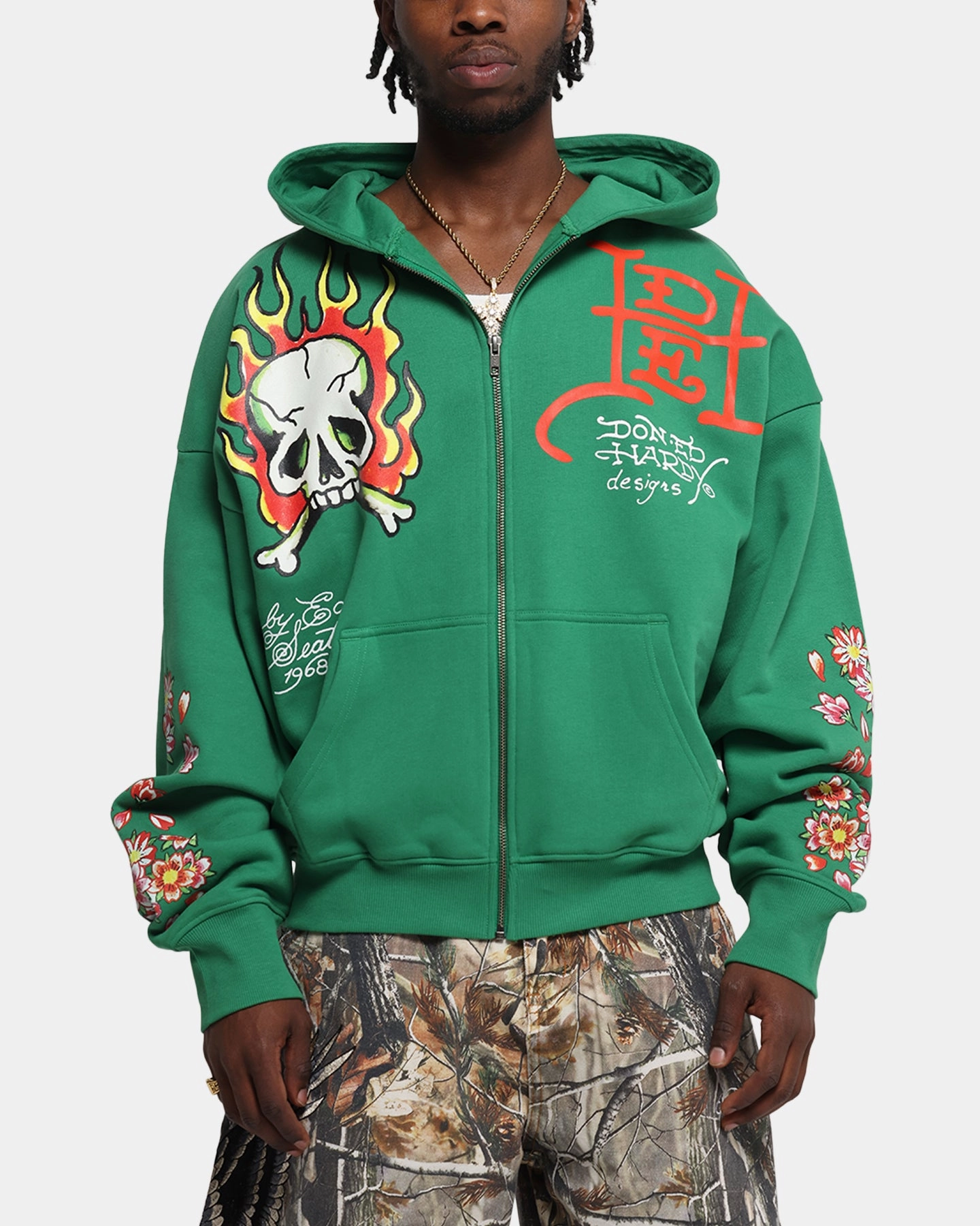 Wicking Interior Layer Recycled Material Blend Ed Hardy Love Kills Slowly Zip Hoodie Green