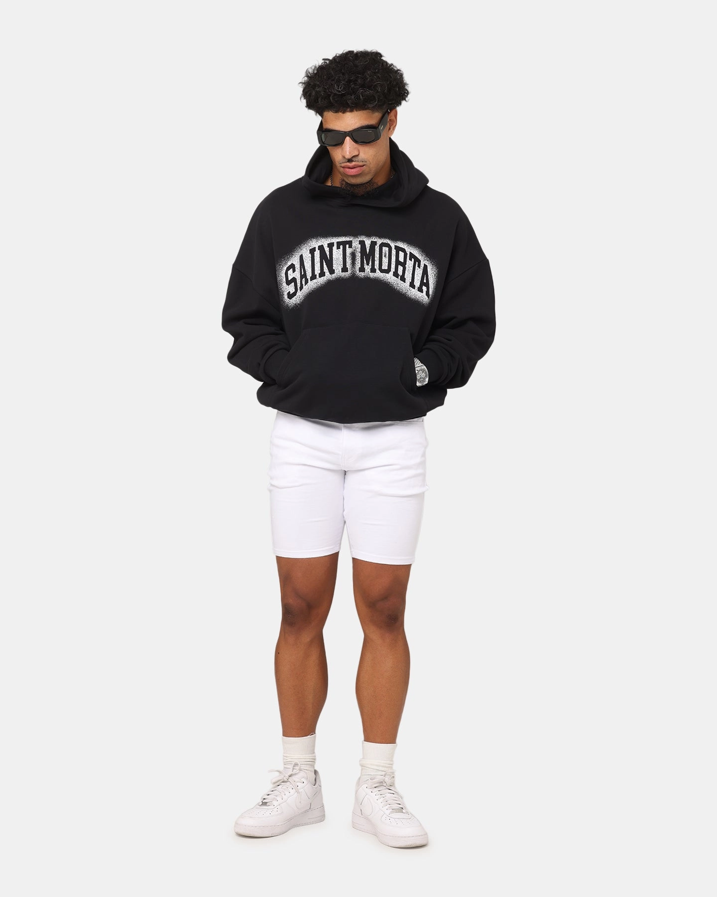 Cozy Lining Relaxed Motion Saint Morta Spray Logo Boxy Hoodie Black