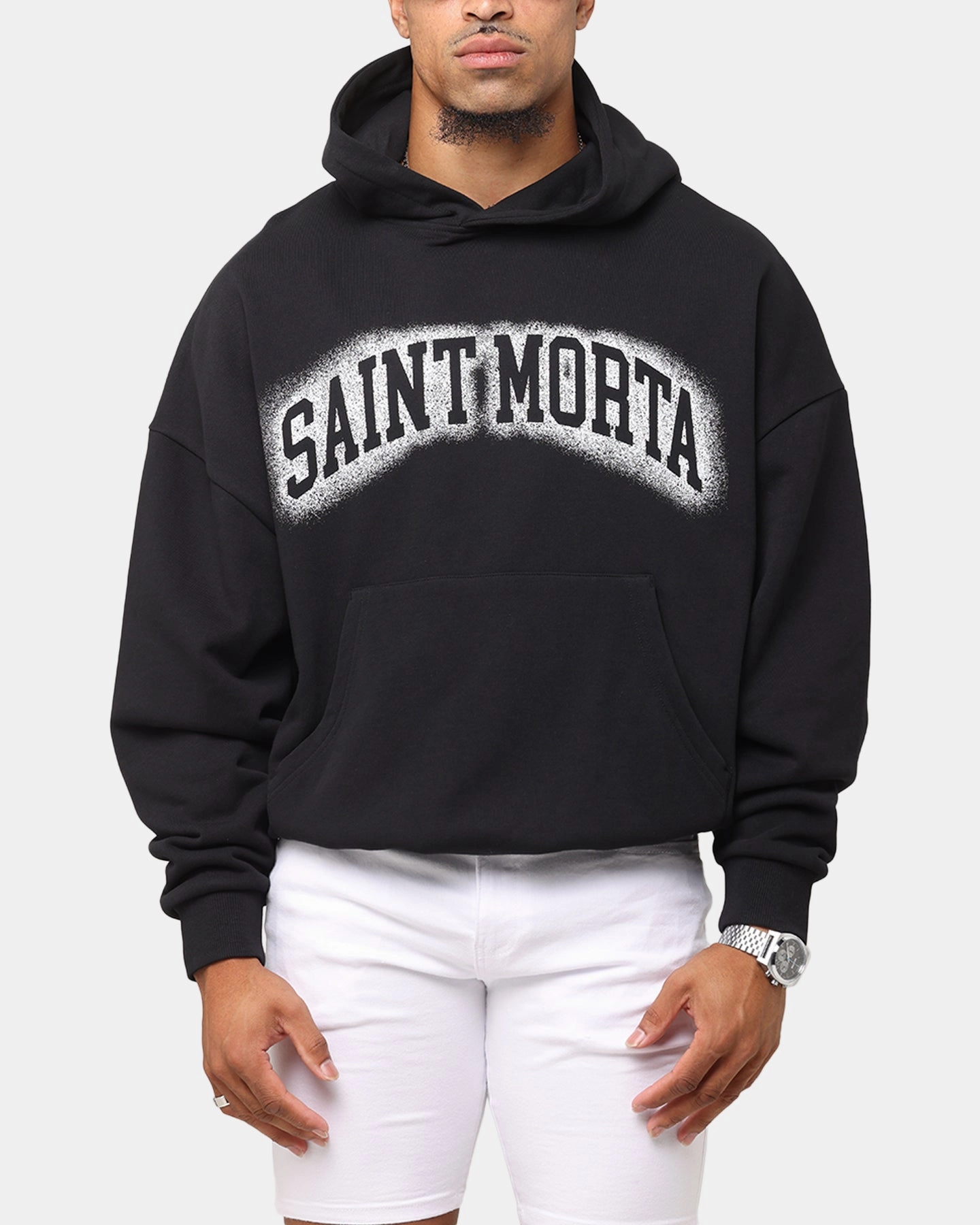 Fashion Layer Saint Morta Spray Logo Boxy Hoodie Black