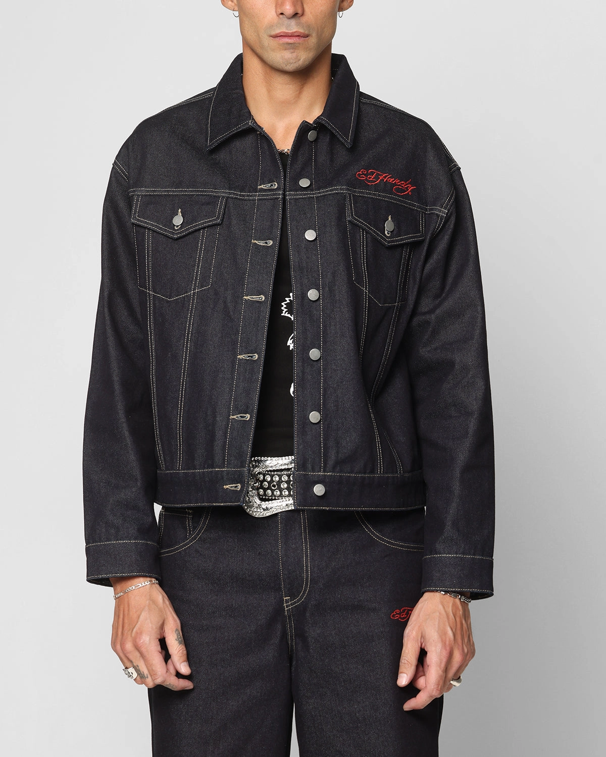 Ed Hardy Denim Jacket Raw Indigo Elastic Mittens