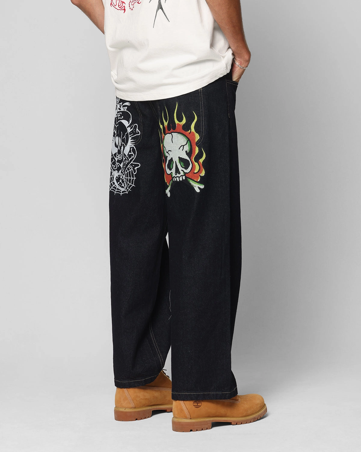 Ed Hardy Wide Leg Skull Jeans Dark Indigo Comfort Wear Textured Yarn Blends