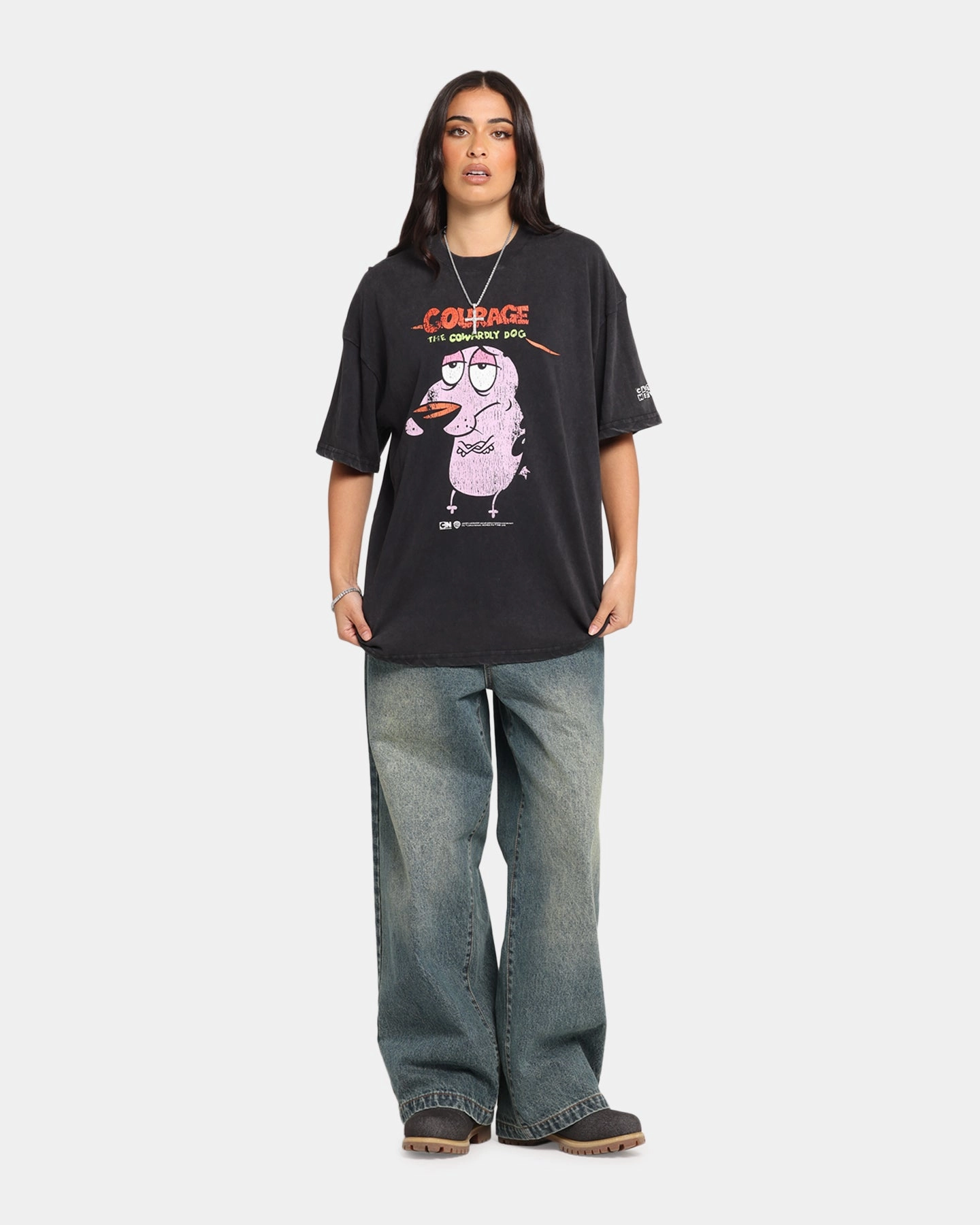 Trendy 73 Studio X Cartoon Network Courage The Cowardly Dog Grail Vintage T-Shirt Black Acidwash