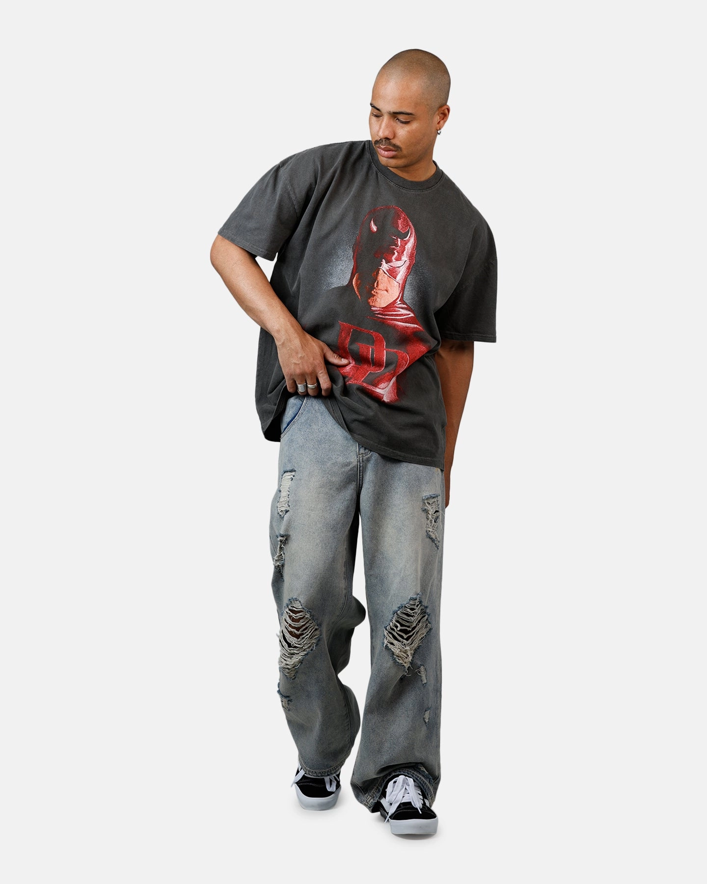 Double Stitched Seams American Thrift Marvel Daredevil Face Heavyweight T-Shirt Black Wash